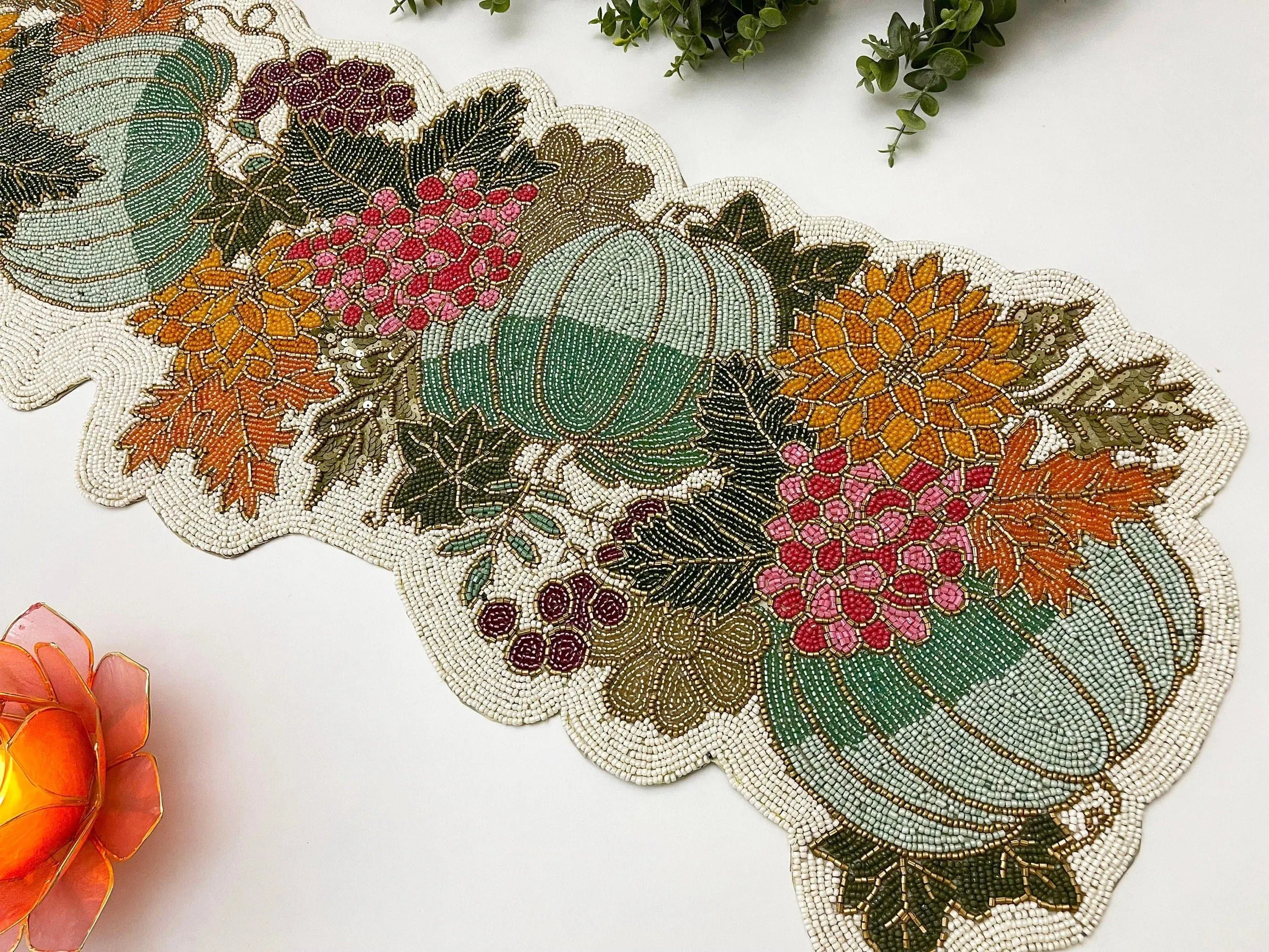 Pumpkins and Flowers Beaded Table Runner