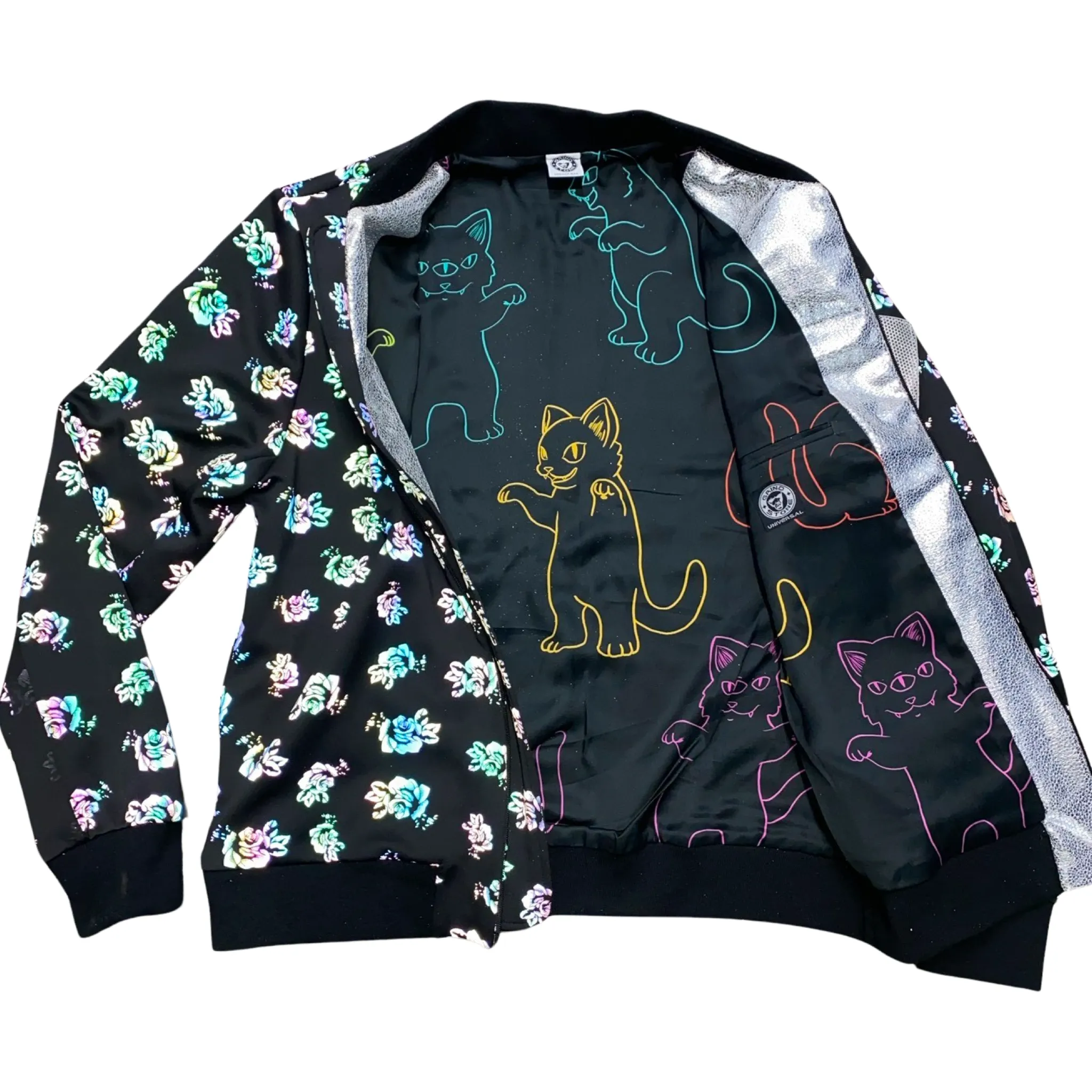 "Black Glory" rainbow reflective floral bomber jacket