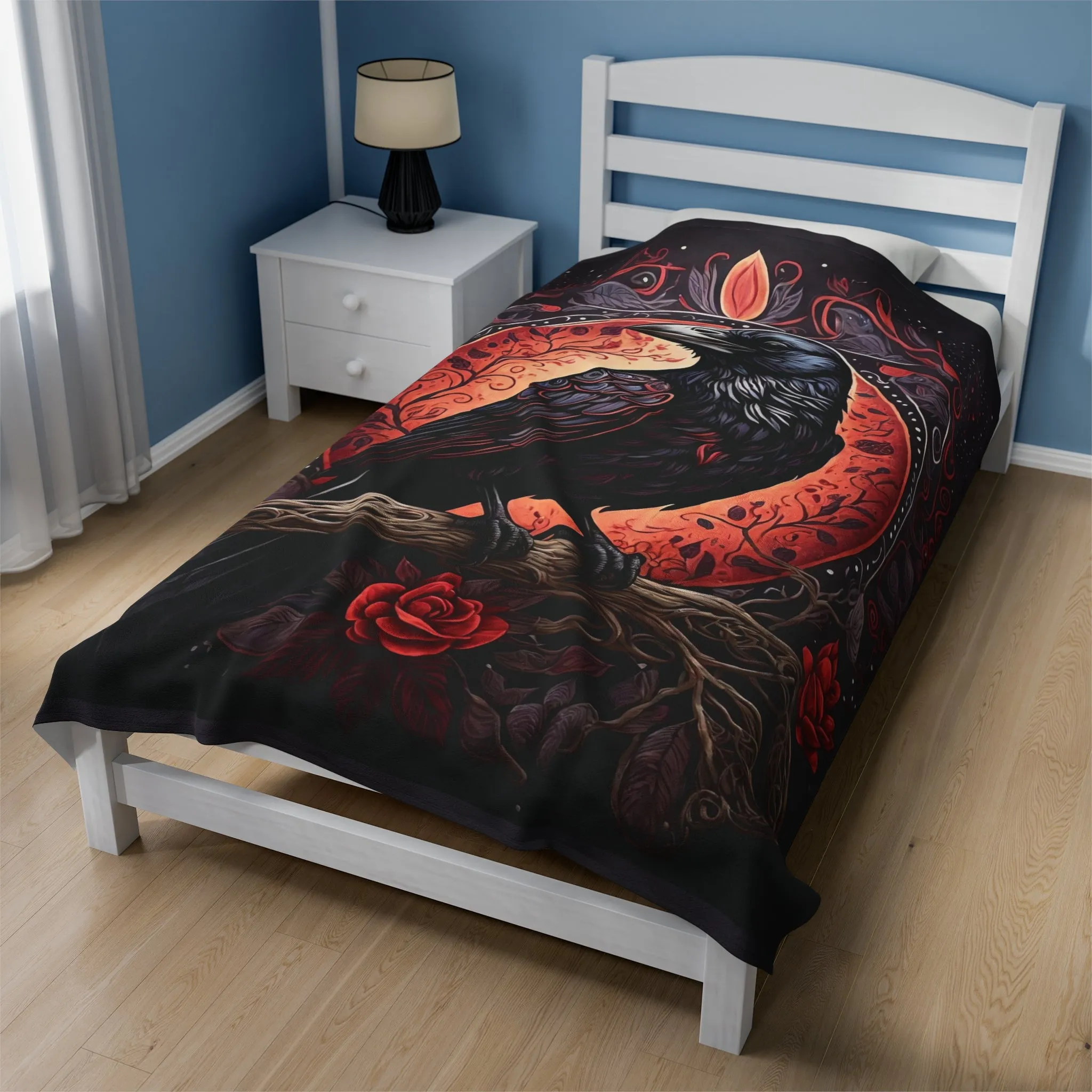 Raven with Flowers Velveteen Plush Blanket Red and Gray