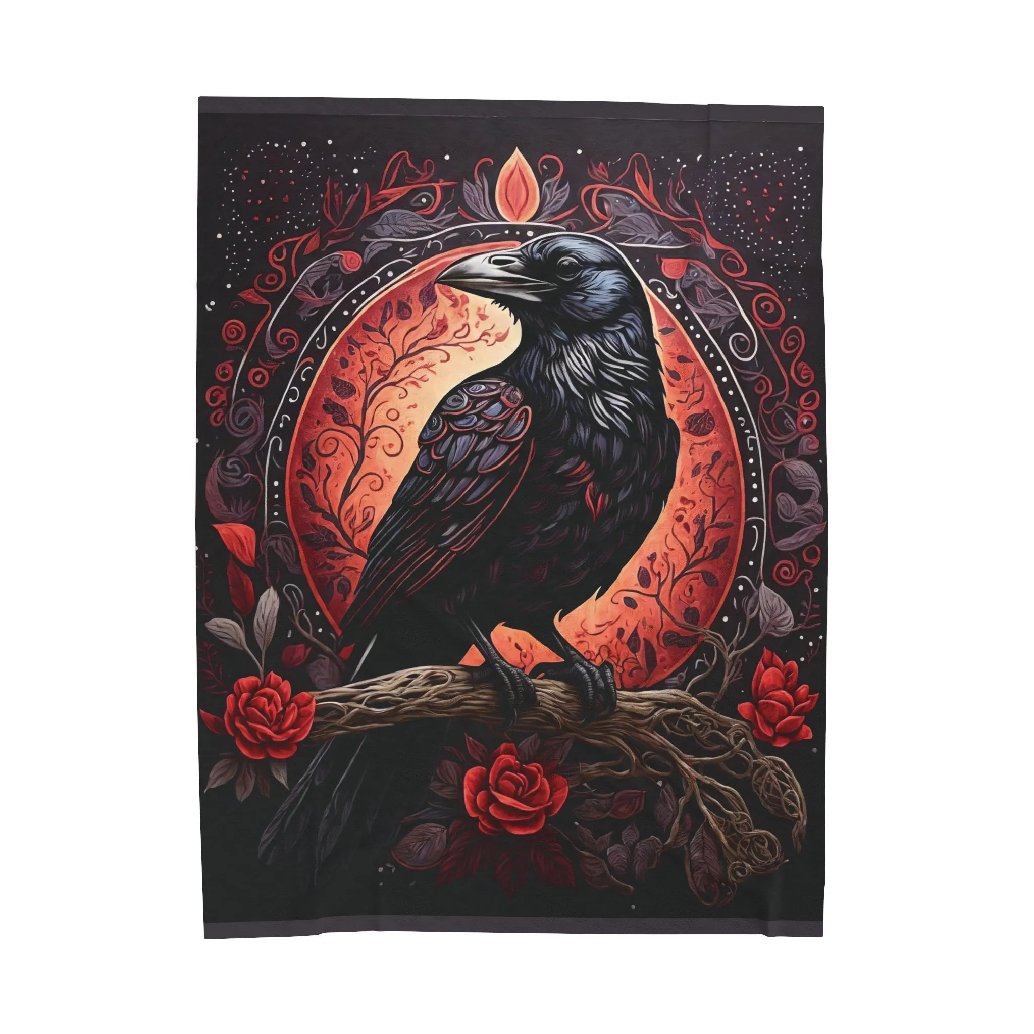 Raven with Flowers Velveteen Plush Blanket Red and Gray