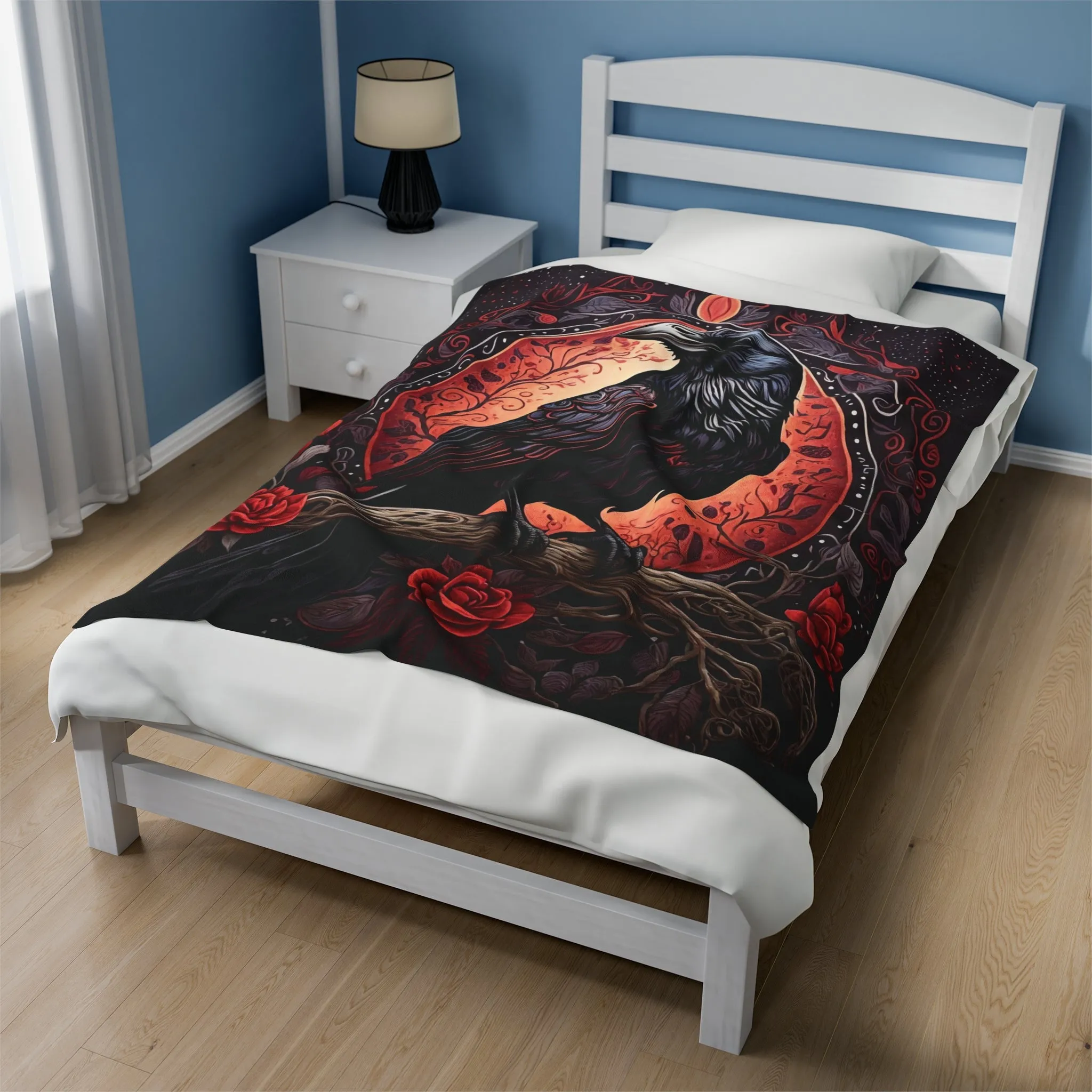 Raven with Flowers Velveteen Plush Blanket Red and Gray