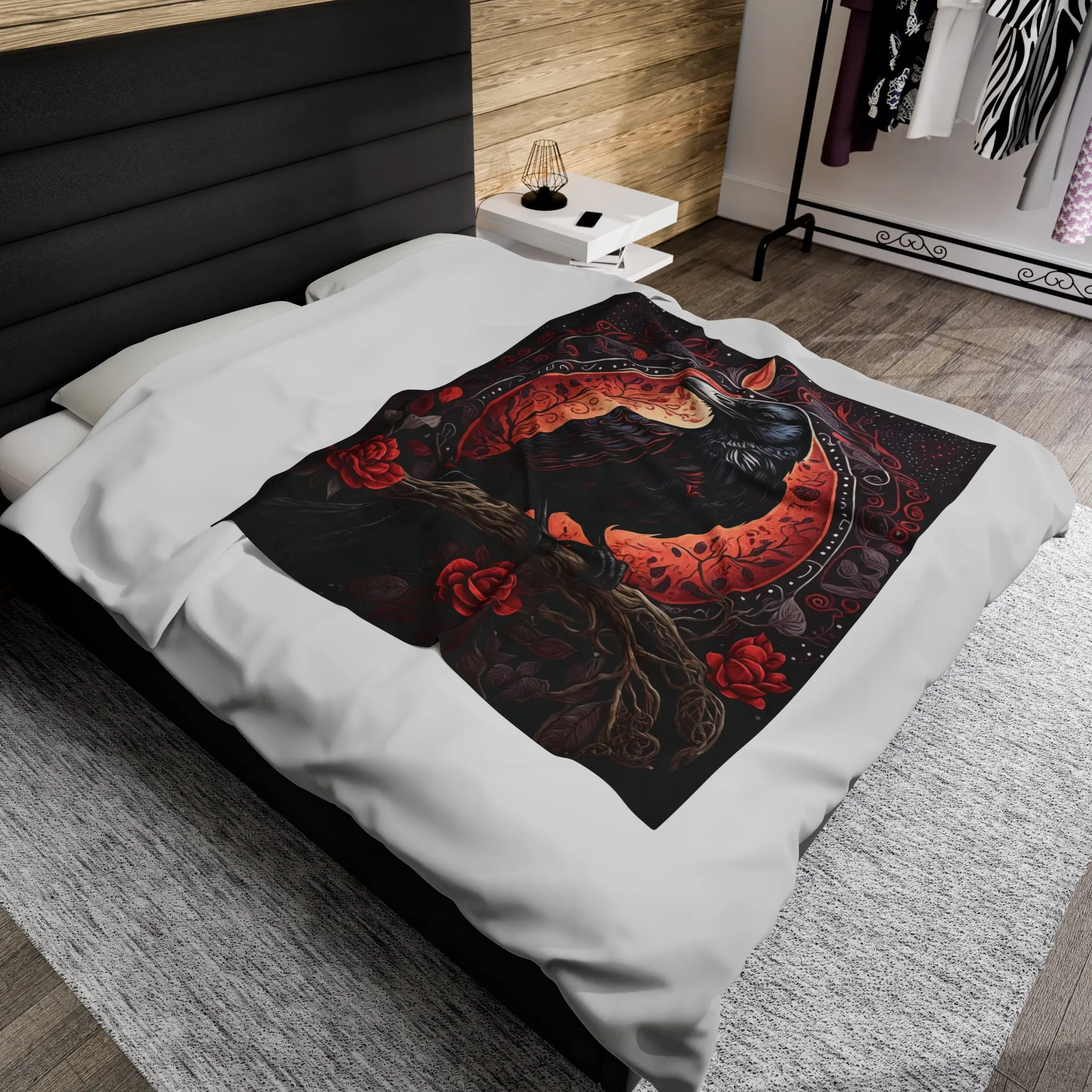Raven with Flowers Velveteen Plush Blanket Red and Gray