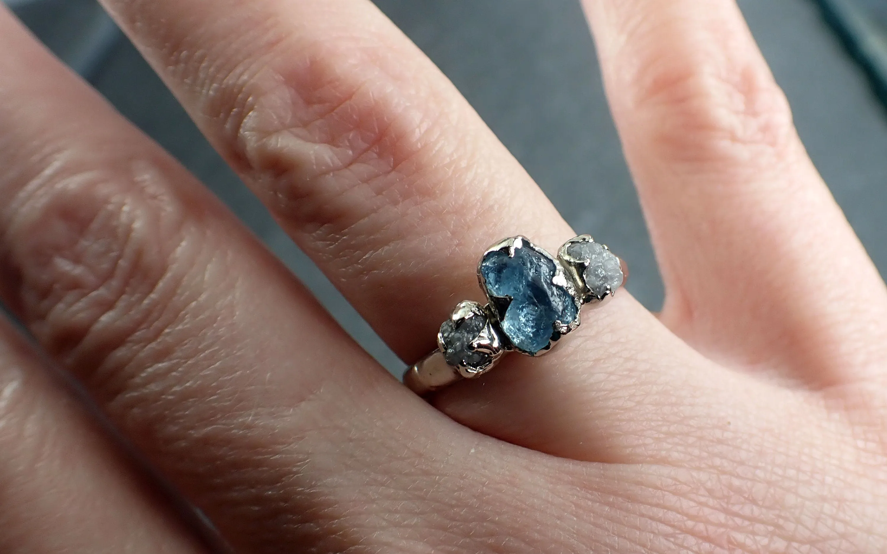 raw uncut aquamarine diamond white gold engagement ring wedding ring gemstone ring multi stone ring 2923 Alternative Engagement