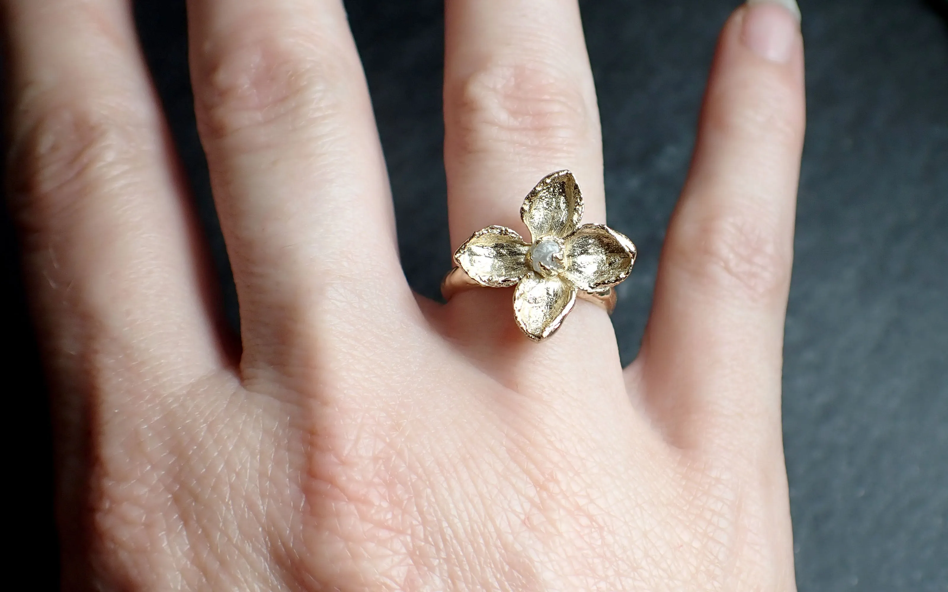 Real Lilac Flower and rough diamond 14k gold wedding engagement ring Enchanted Garden Floral Ring byAngeline 2501