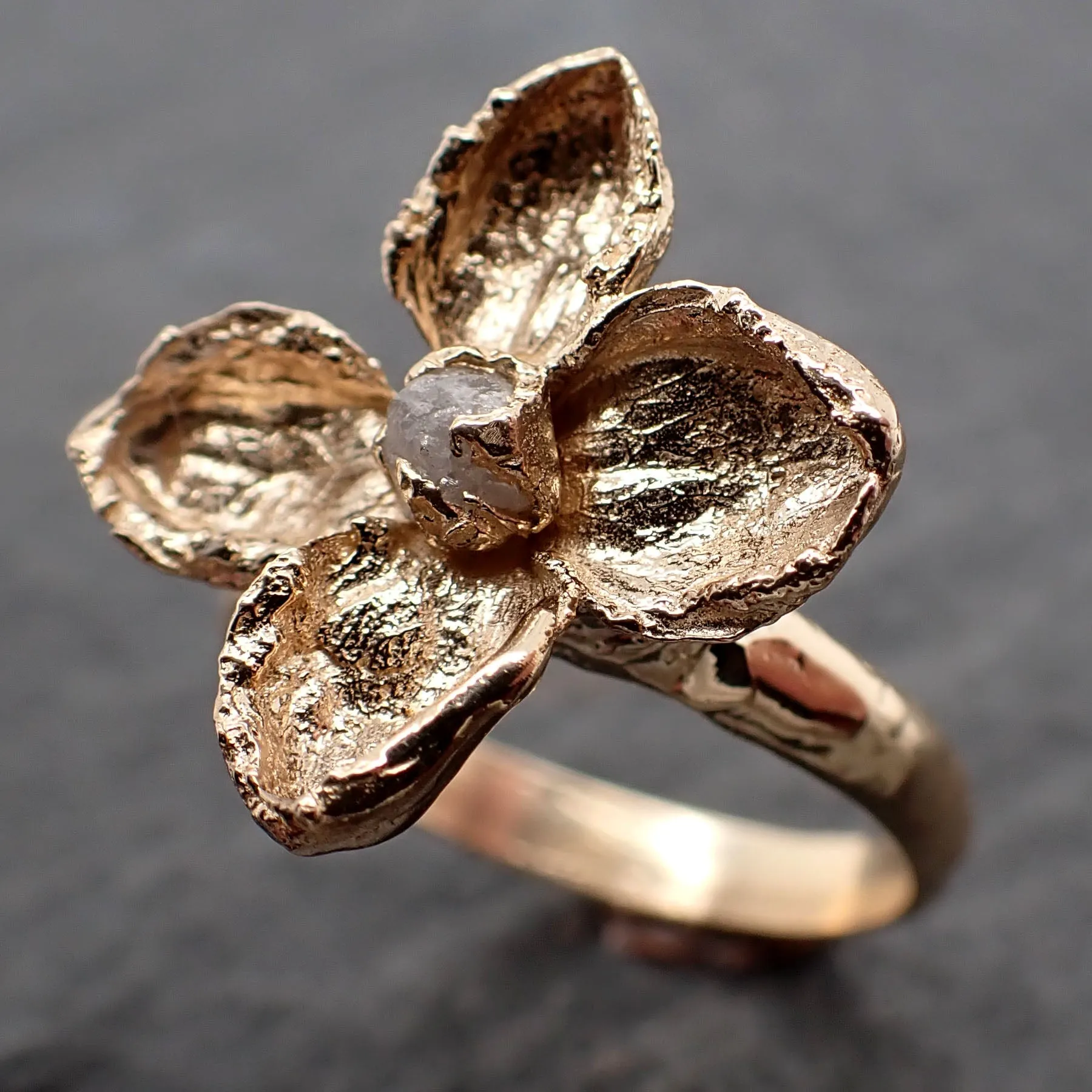 Real Lilac Flower and rough diamond 14k gold wedding engagement ring Enchanted Garden Floral Ring byAngeline 2501