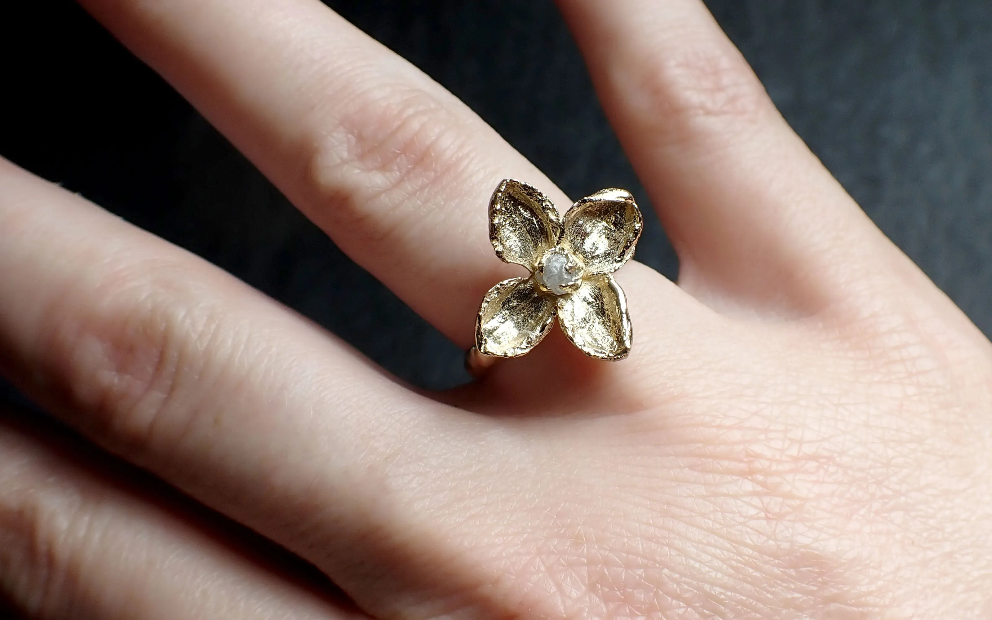 Real Lilac Flower and rough diamond 14k gold wedding engagement ring Enchanted Garden Floral Ring byAngeline 2501