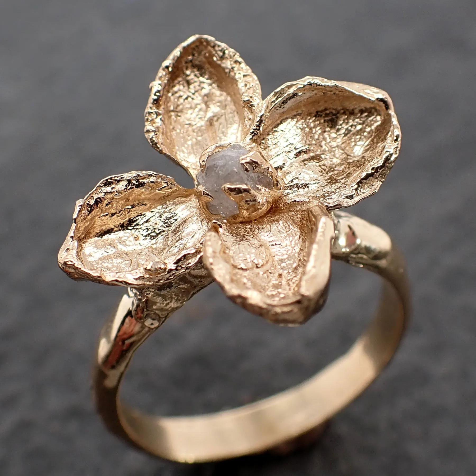 Real Lilac Flower and rough diamond 14k gold wedding engagement ring Enchanted Garden Floral Ring byAngeline 2501