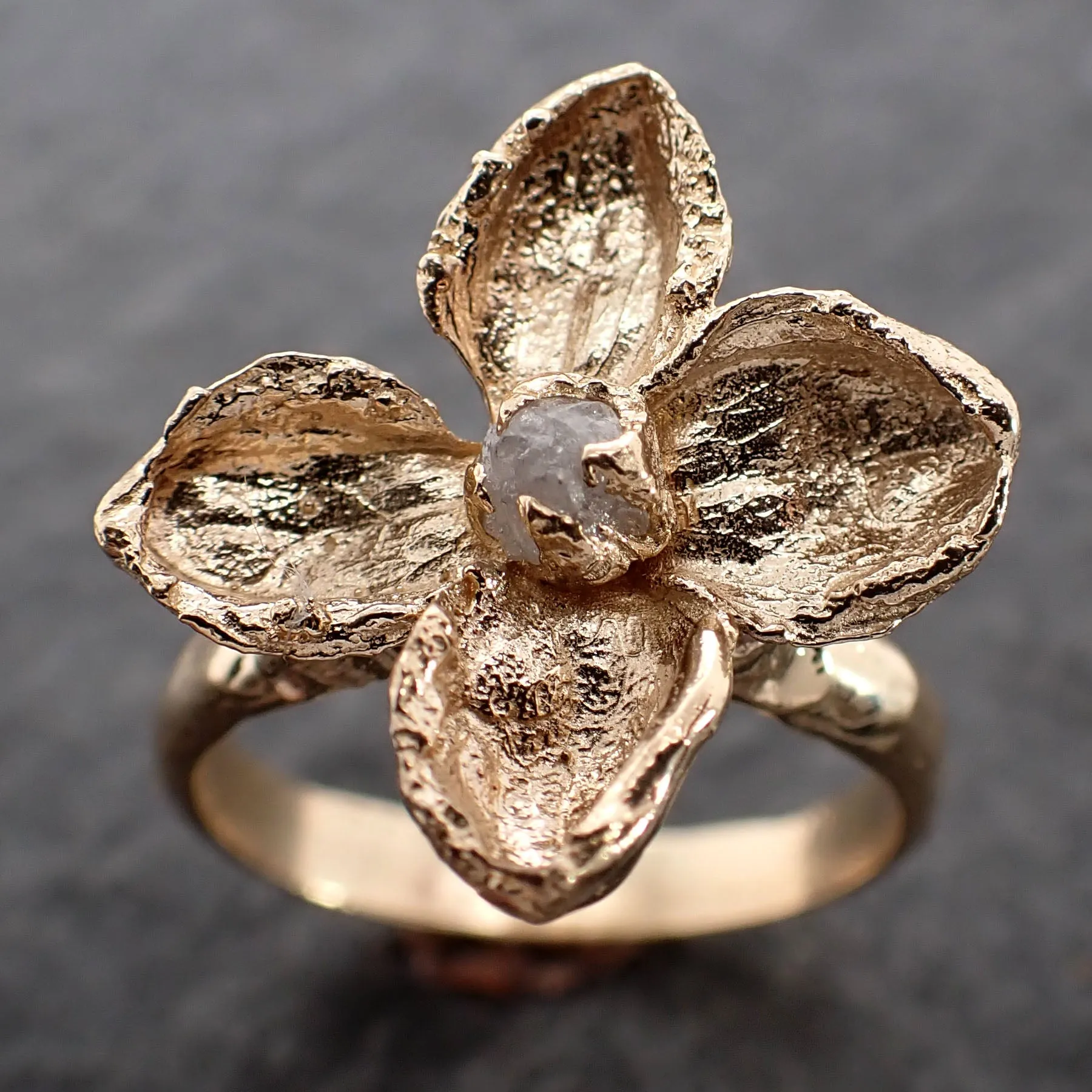 Real Lilac Flower and rough diamond 14k gold wedding engagement ring Enchanted Garden Floral Ring byAngeline 2501