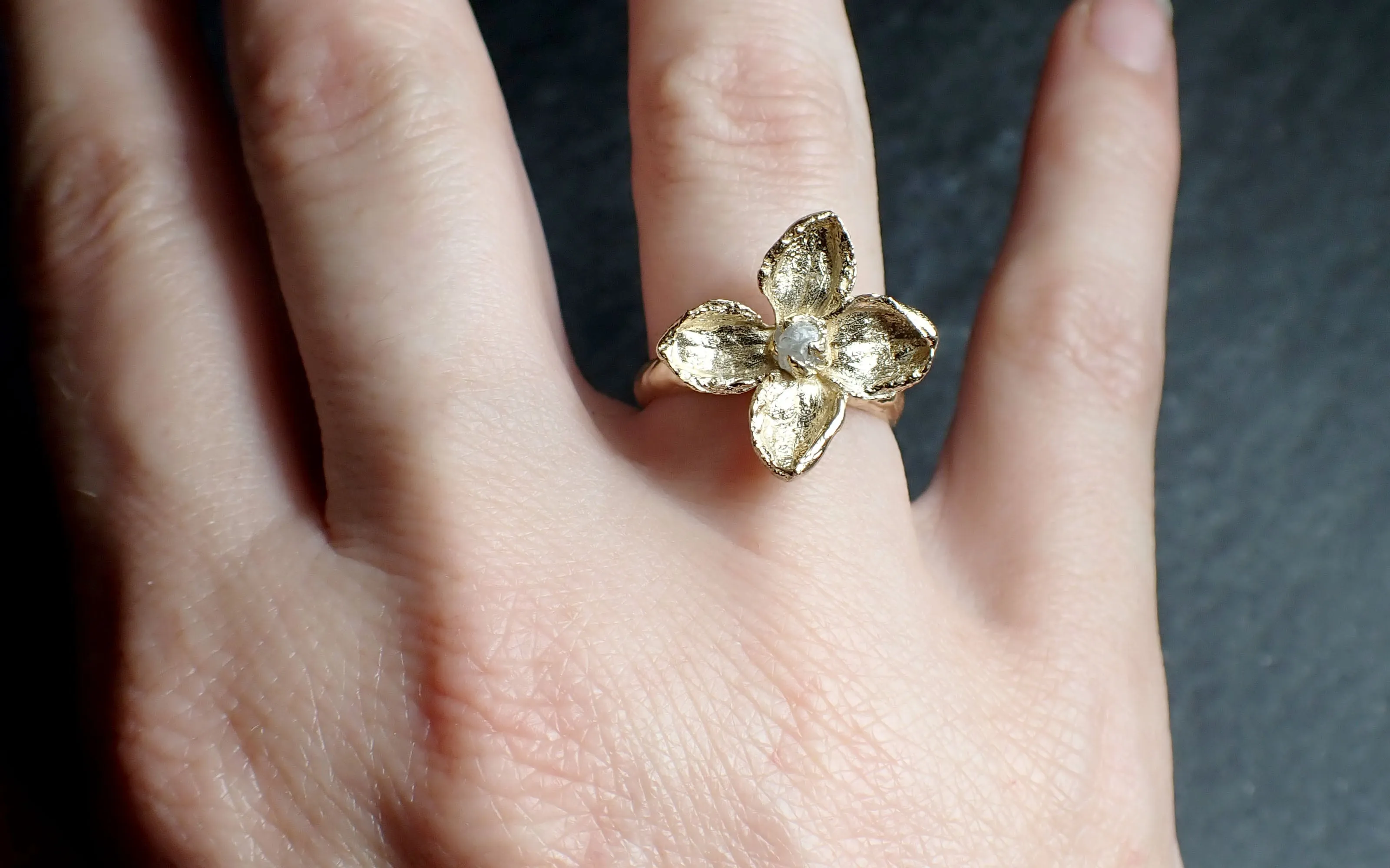 Real Lilac Flower and rough diamond 14k gold wedding engagement ring Enchanted Garden Floral Ring byAngeline 2501