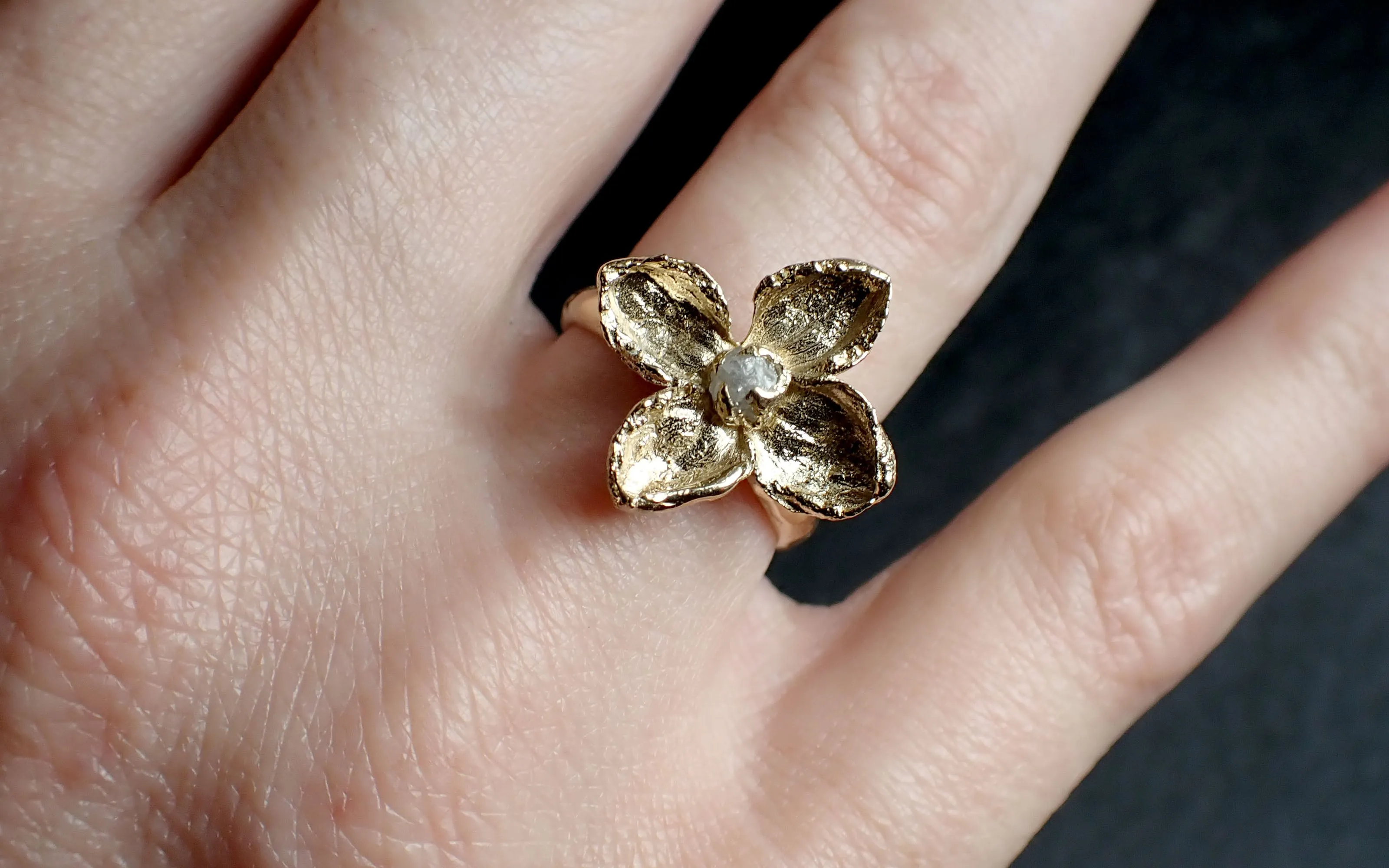 Real Lilac Flower and rough diamond 14k gold wedding engagement ring Enchanted Garden Floral Ring byAngeline 2501