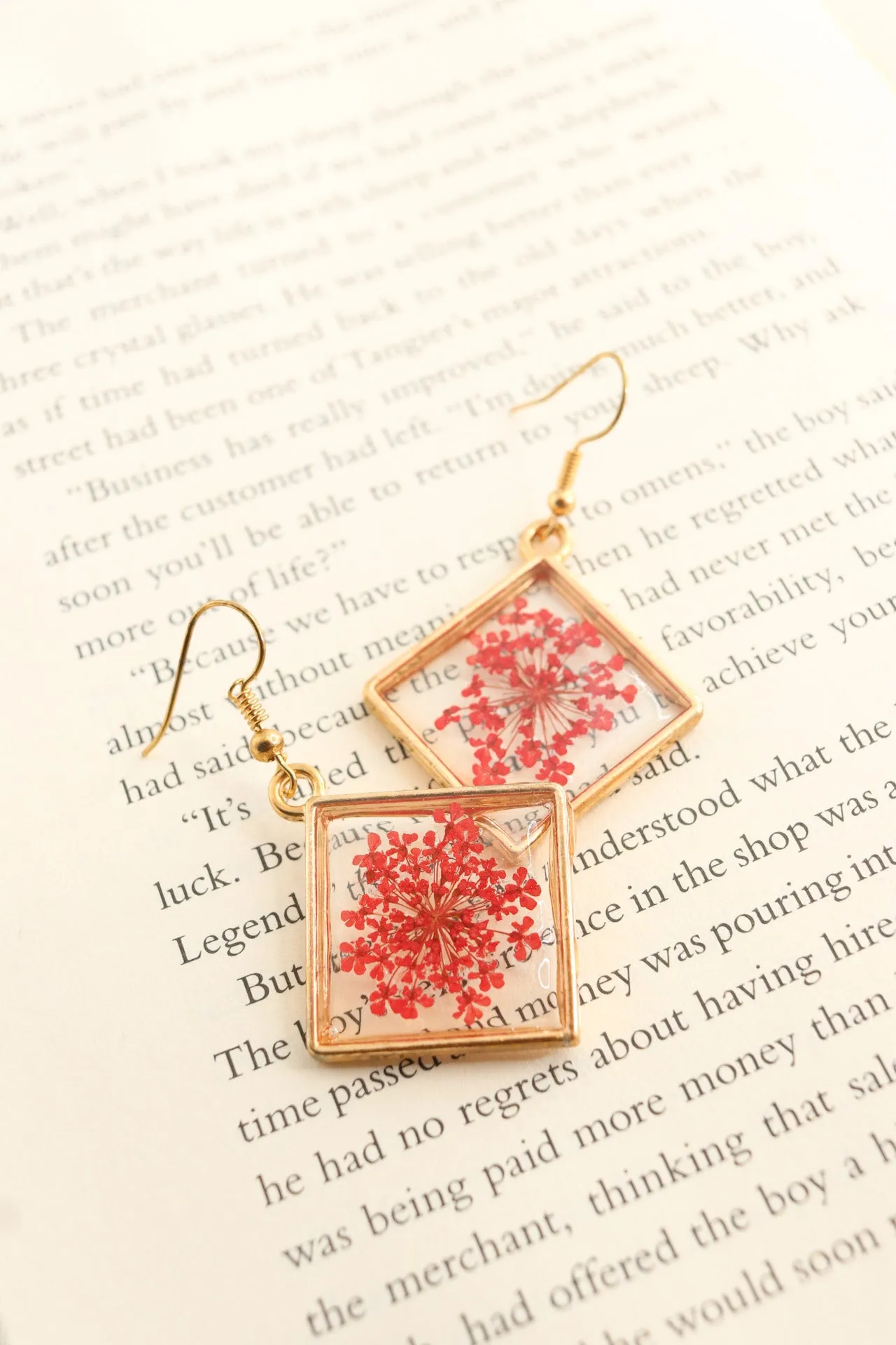 Red Pressed Wildflower Square Resin Earrings, Botanical Dried Flower Earrings, Christmas Gift For Her
