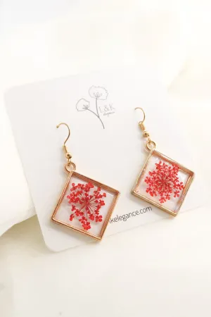 Red Pressed Wildflower Square Resin Earrings, Botanical Dried Flower Earrings, Christmas Gift For Her