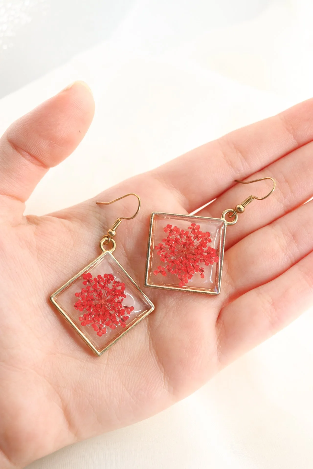 Red Pressed Wildflower Square Resin Earrings, Botanical Dried Flower Earrings, Christmas Gift For Her