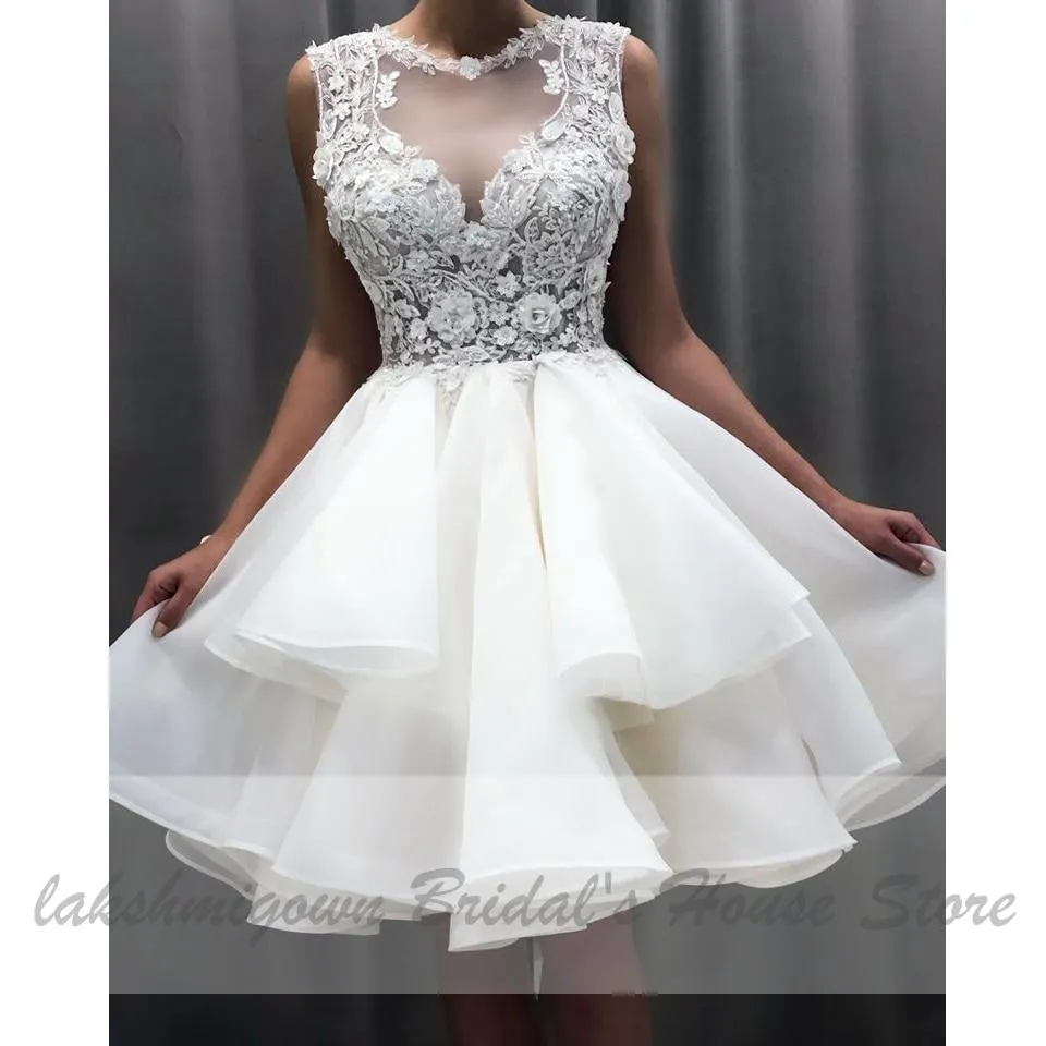 Roycebridal Pretty Organza Ruffles Wedding Dress Short Vintage Lace Flowers
