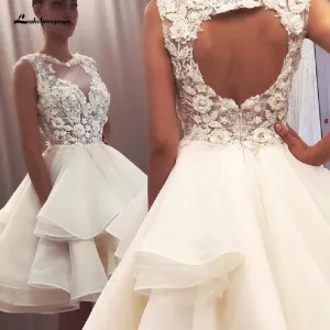 Roycebridal Pretty Organza Ruffles Wedding Dress Short Vintage Lace Flowers