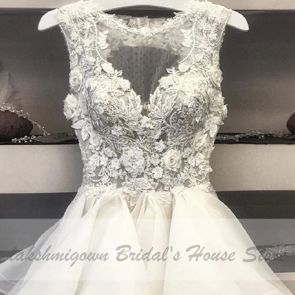 Roycebridal Pretty Organza Ruffles Wedding Dress Short Vintage Lace Flowers
