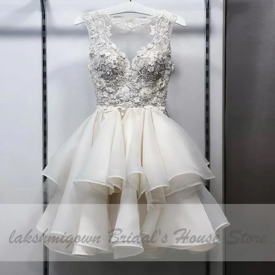 Roycebridal Pretty Organza Ruffles Wedding Dress Short Vintage Lace Flowers