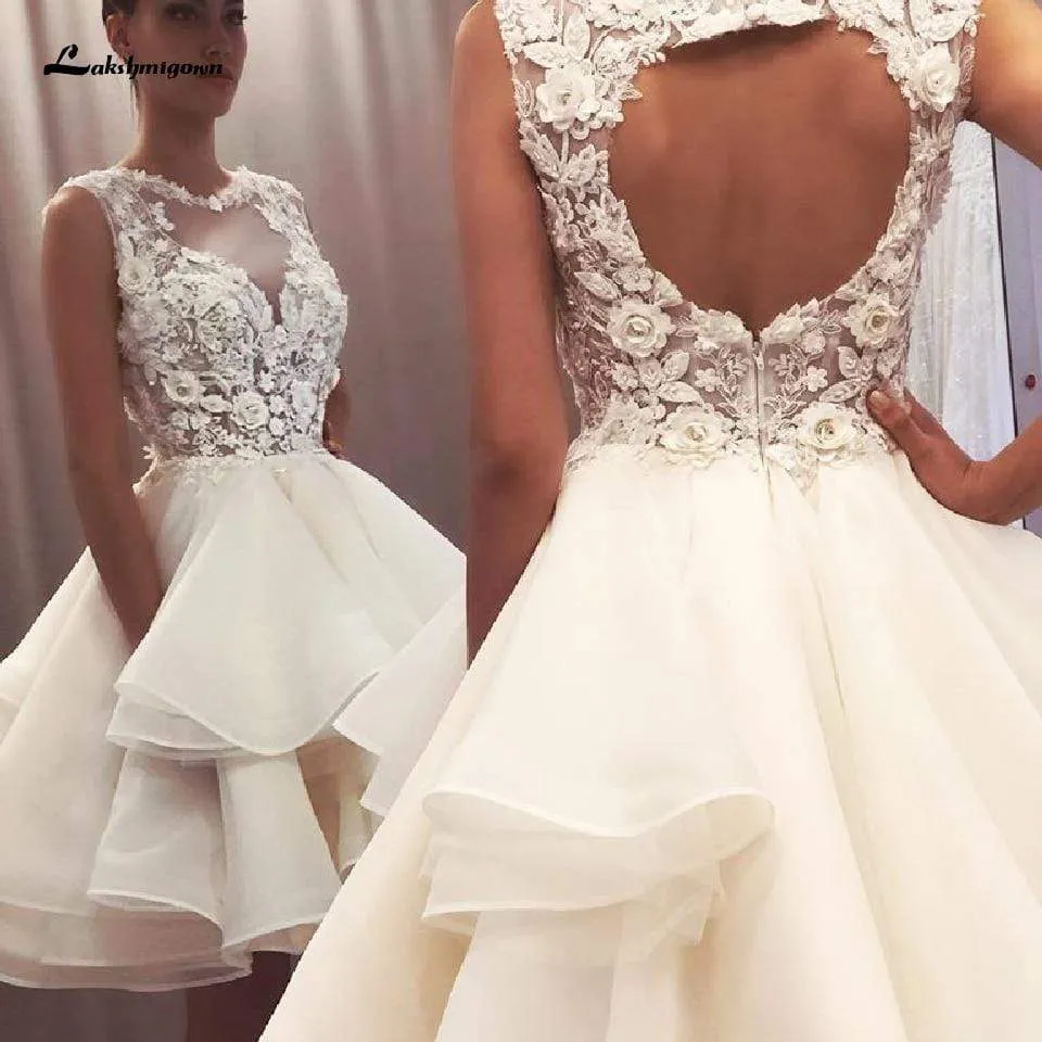 Roycebridal Pretty Organza Ruffles Wedding Dress Short Vintage Lace Flowers