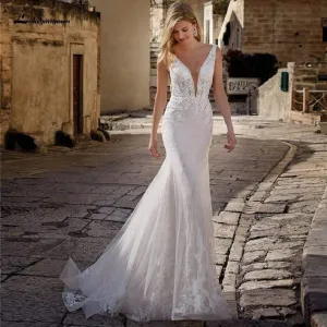 Roycebridal Princess Mermaid Wedding Dress Women Elegant Lace V-neck