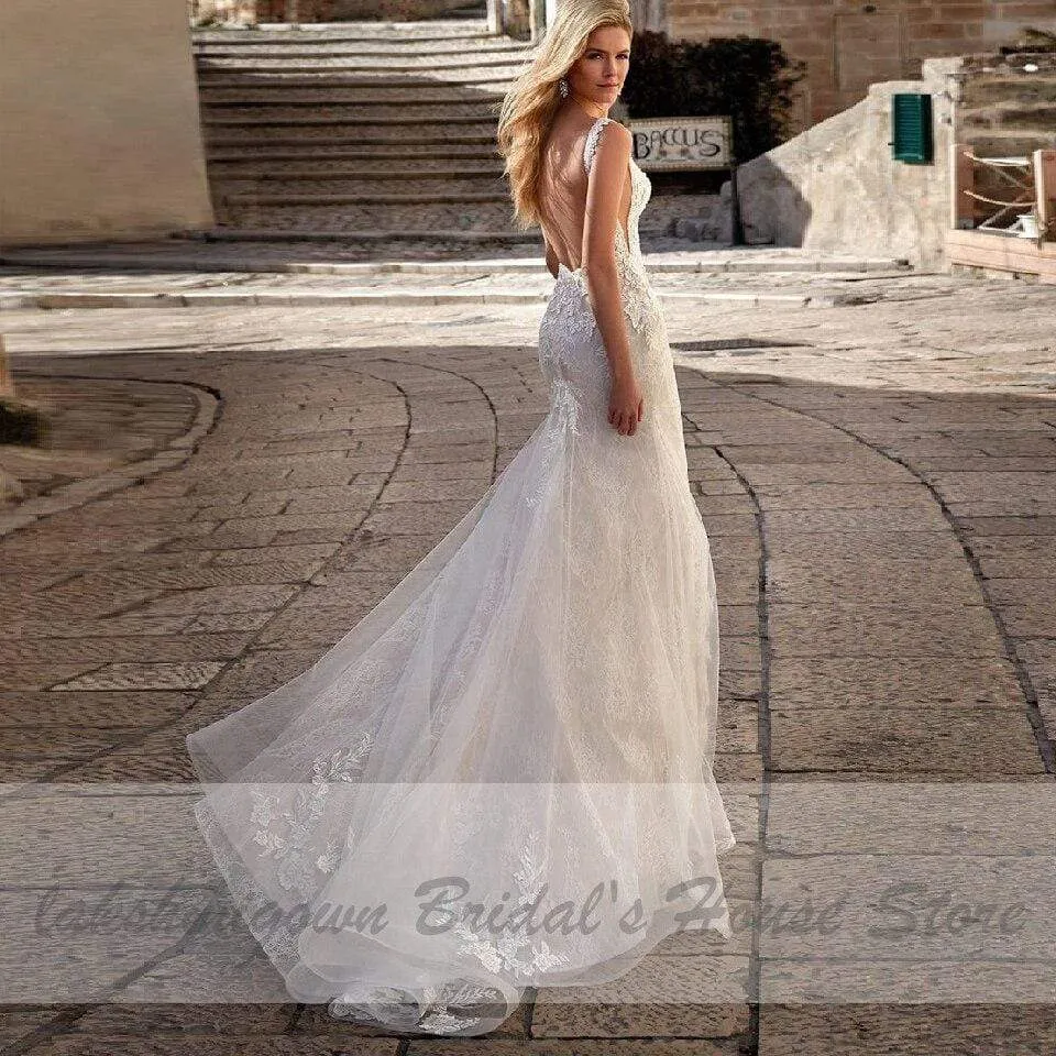 Roycebridal Princess Mermaid Wedding Dress Women Elegant Lace V-neck
