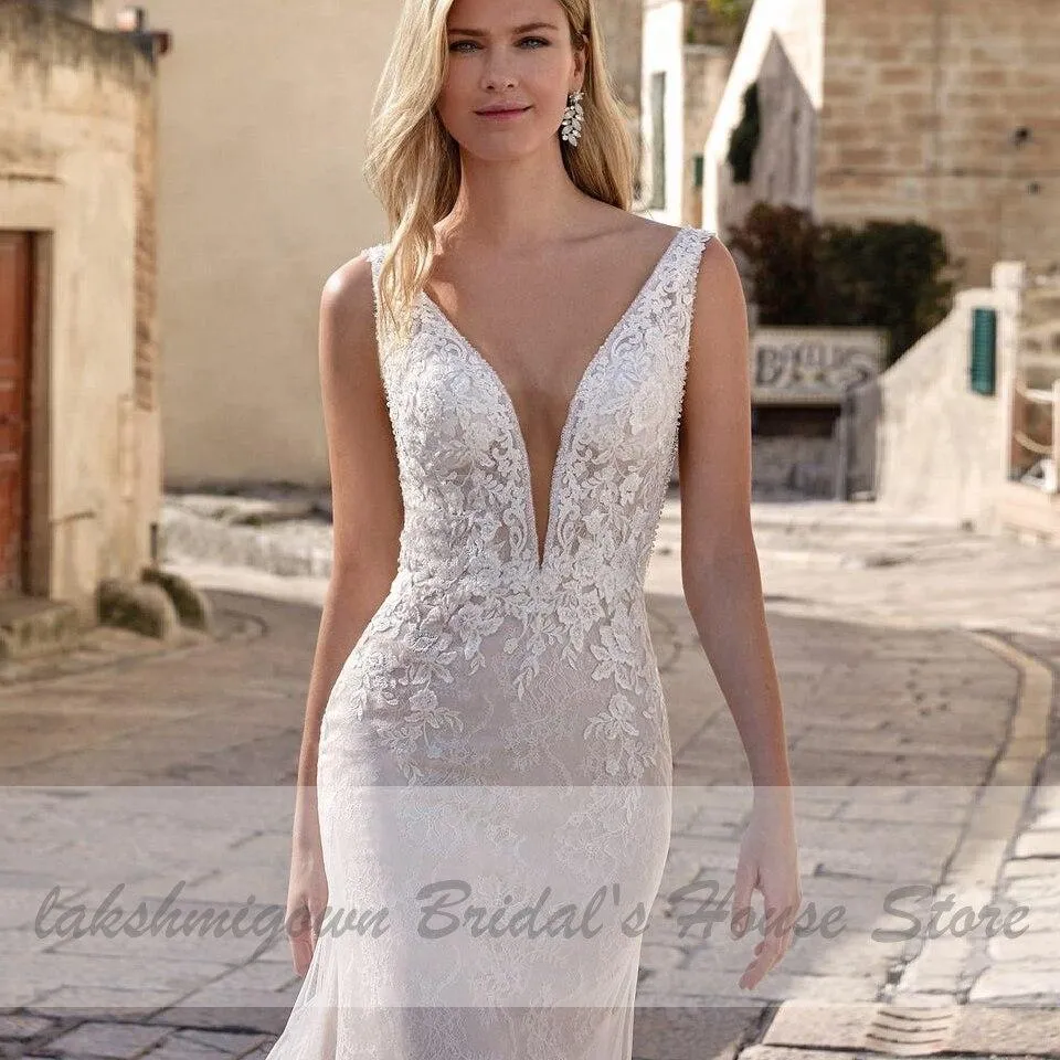Roycebridal Princess Mermaid Wedding Dress Women Elegant Lace V-neck