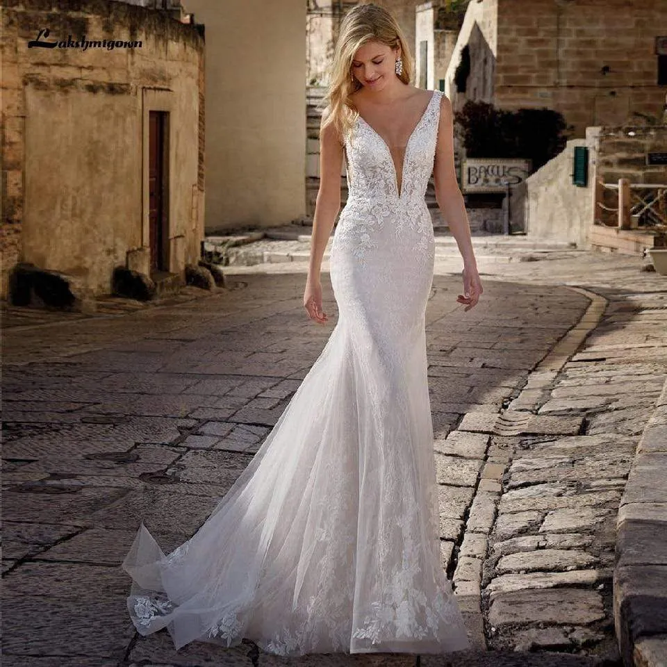 Roycebridal Princess Mermaid Wedding Dress Women Elegant Lace V-neck