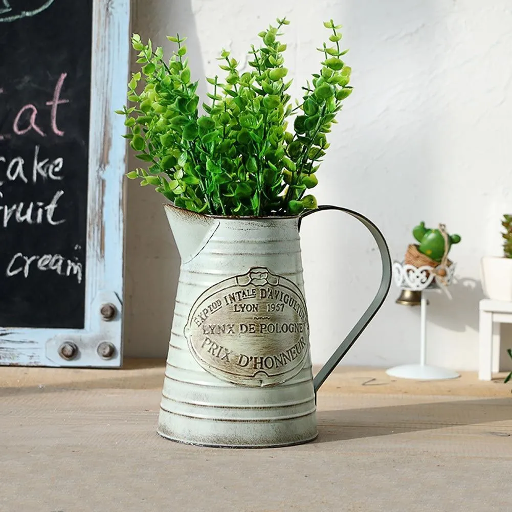 Rural Style Iron Pitcher with Antique Finish Metal Flower Pot