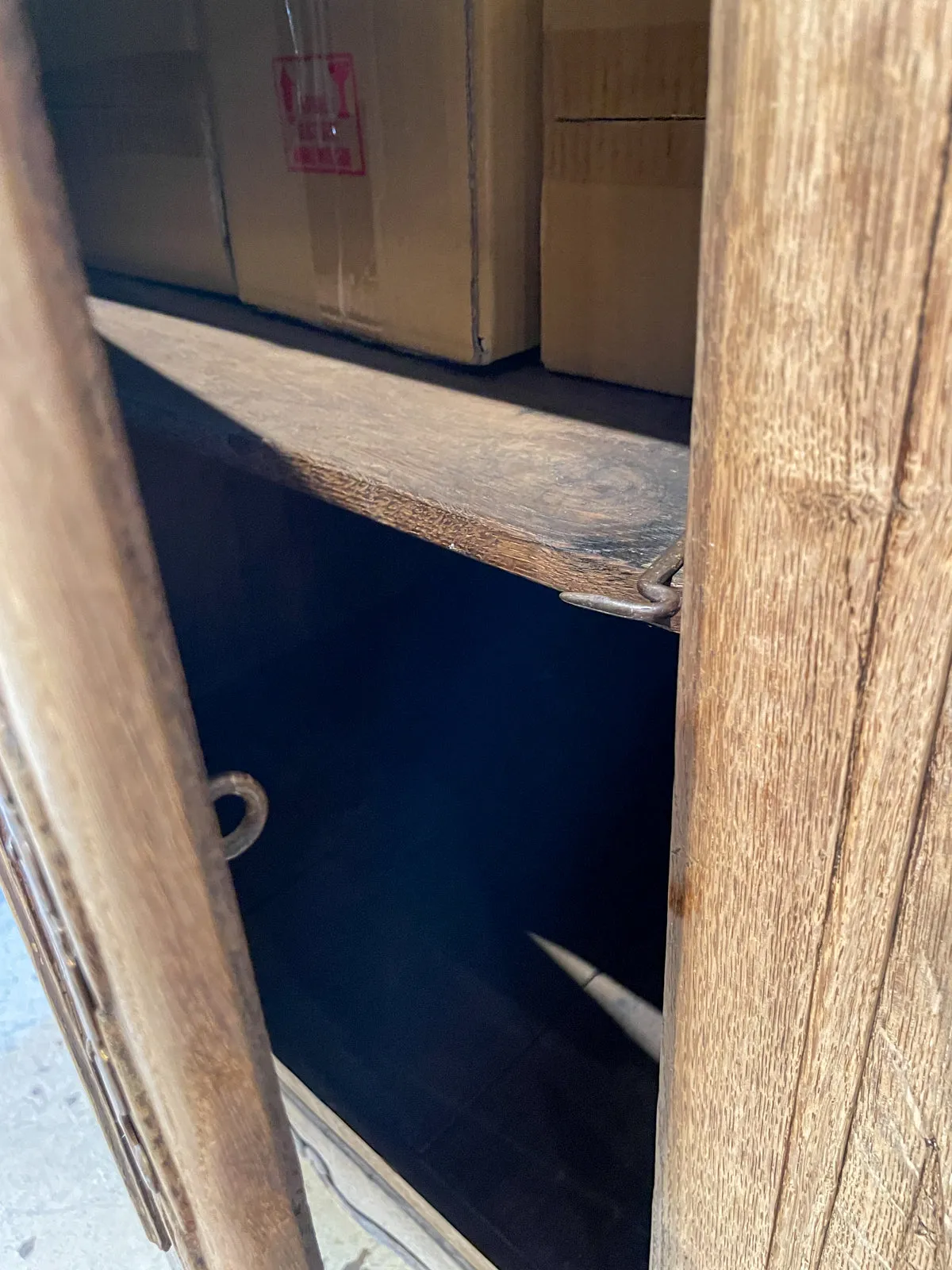 Rustic 18th c French Oak Buffet with Carved Details & Iron Hardware