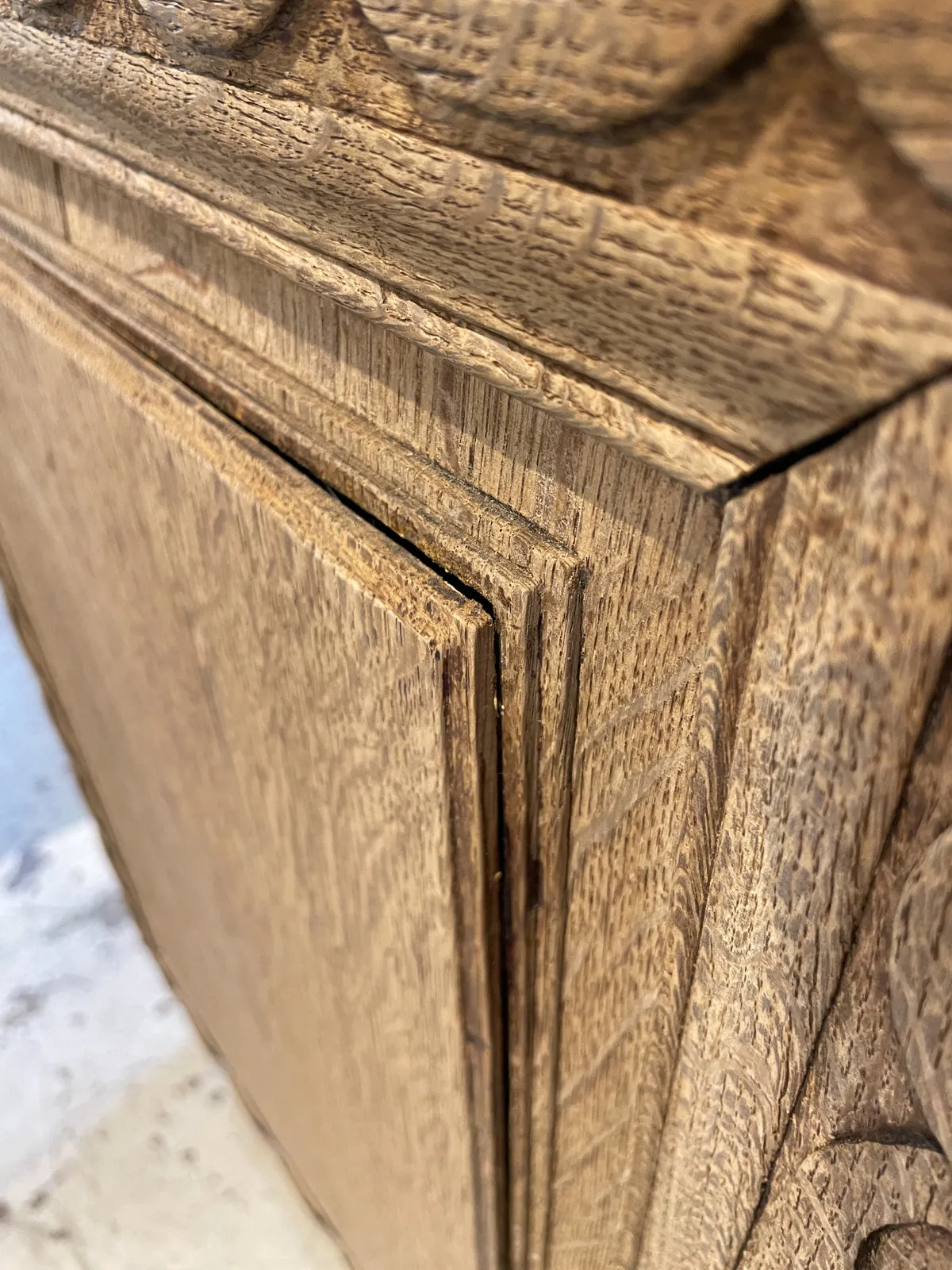 Rustic 18th c French Oak Buffet with Carved Details & Iron Hardware
