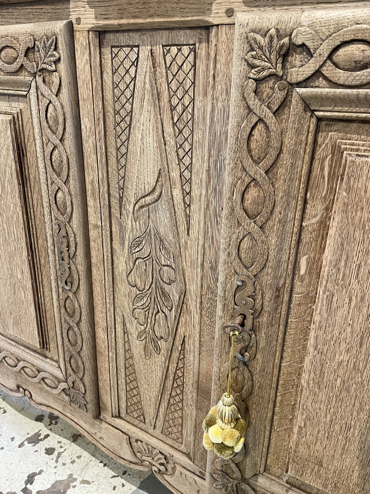 Rustic 18th c French Oak Buffet with Carved Details & Iron Hardware