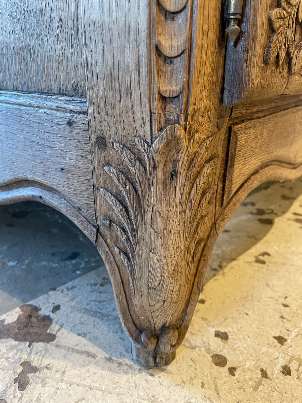 Rustic 18th c French Oak Buffet with Carved Details & Iron Hardware