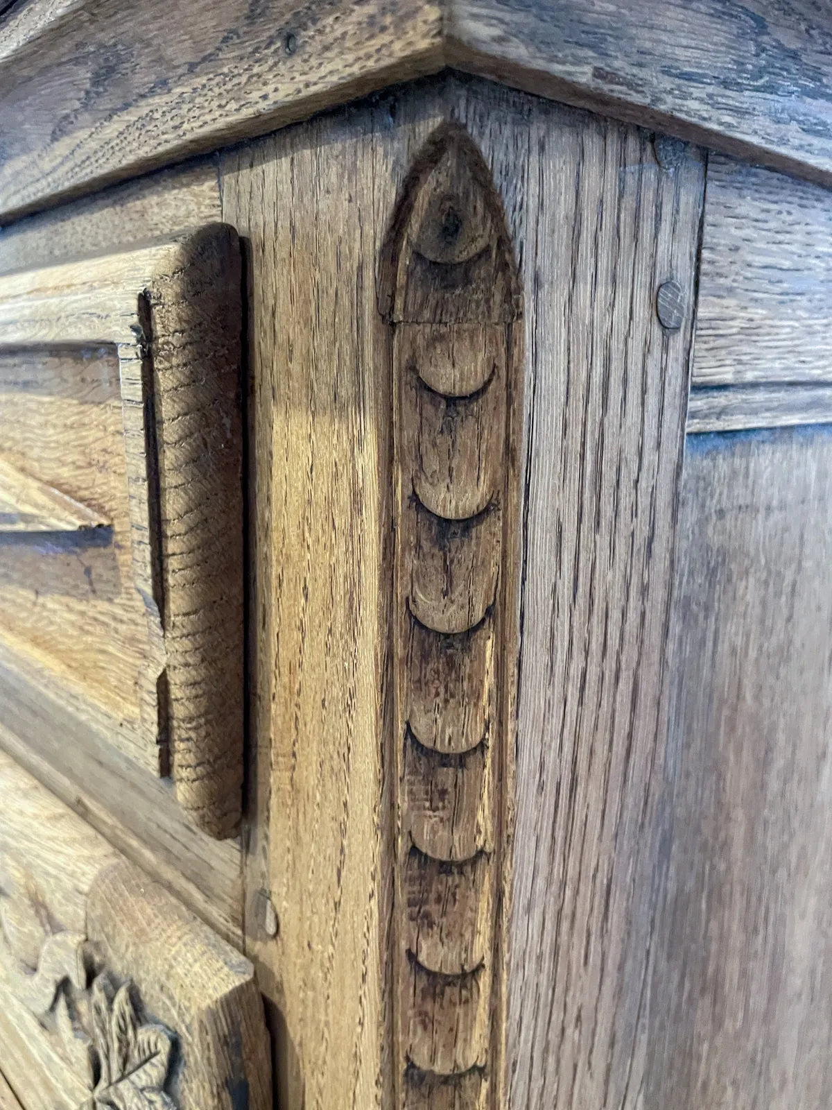 Rustic 18th c French Oak Buffet with Carved Details & Iron Hardware