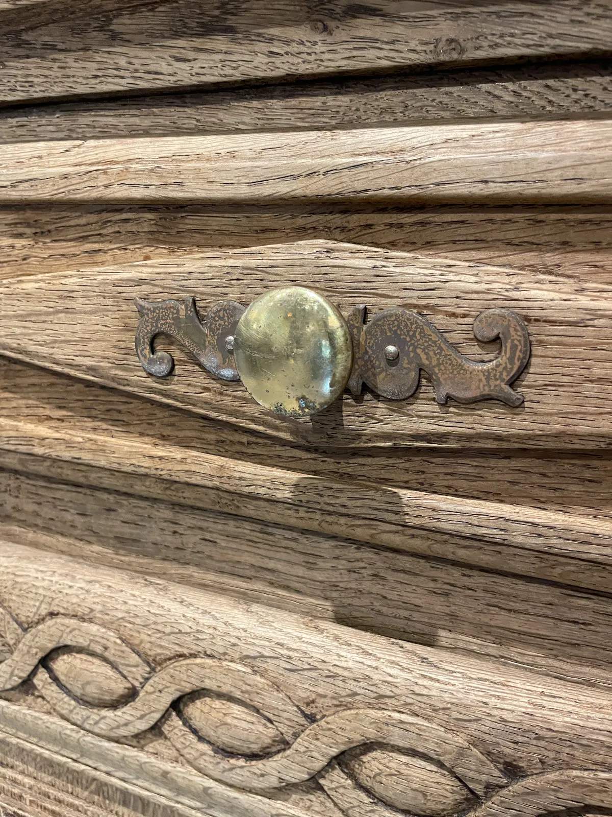 Rustic 18th c French Oak Buffet with Carved Details & Iron Hardware