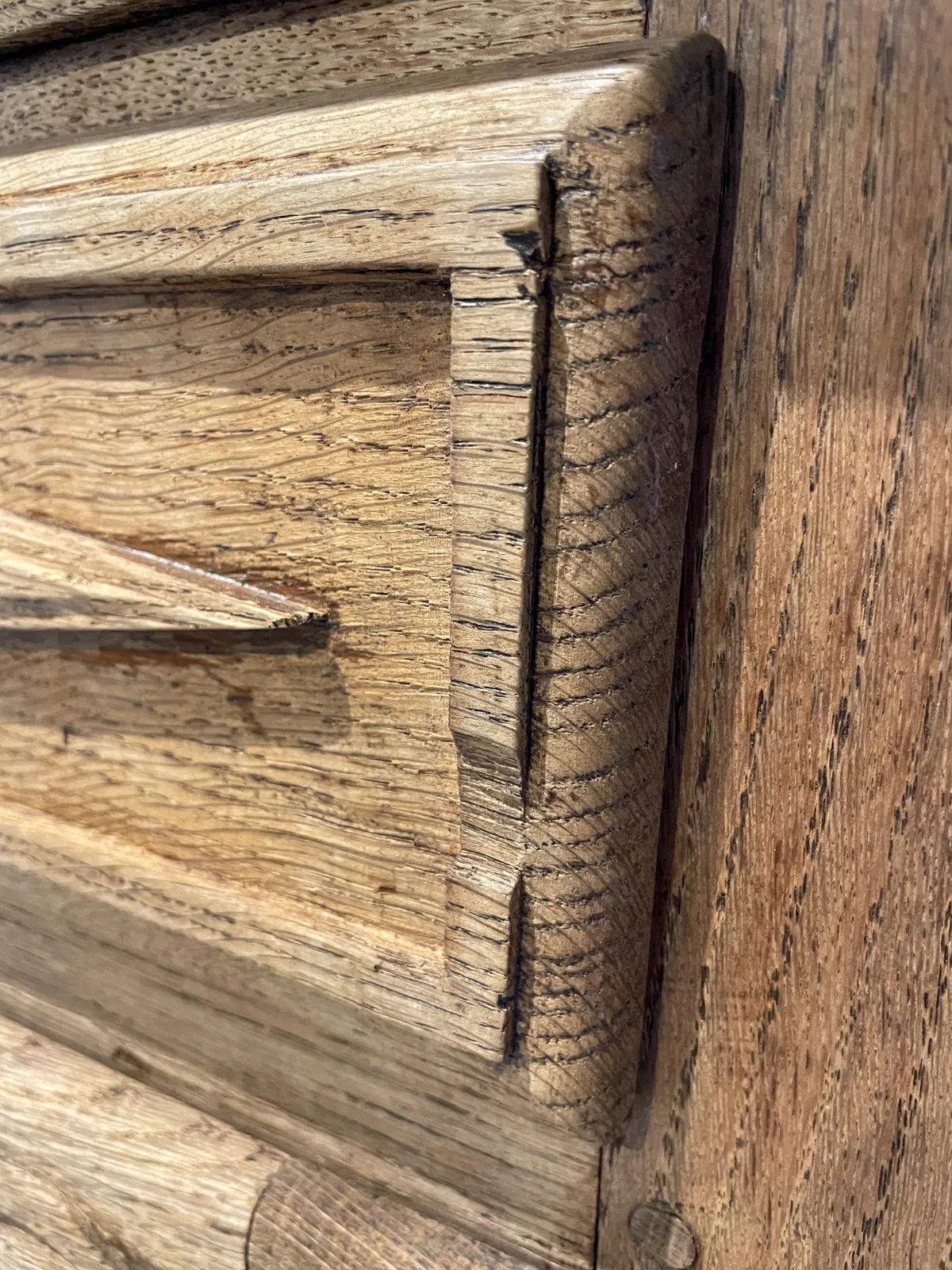 Rustic 18th c French Oak Buffet with Carved Details & Iron Hardware