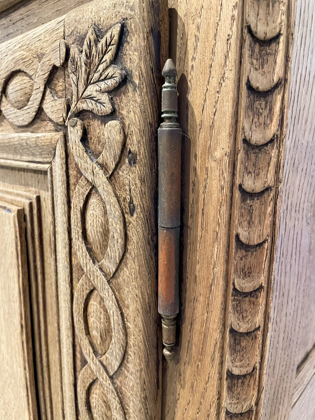 Rustic 18th c French Oak Buffet with Carved Details & Iron Hardware