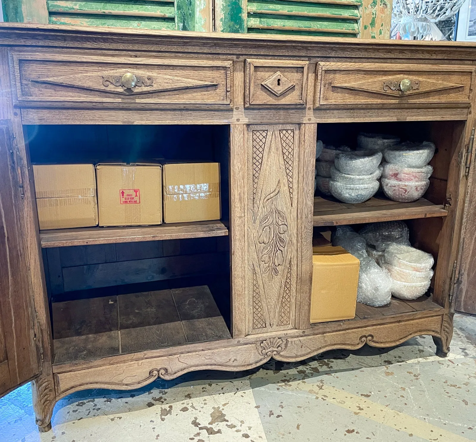 Rustic 18th c French Oak Buffet with Carved Details & Iron Hardware