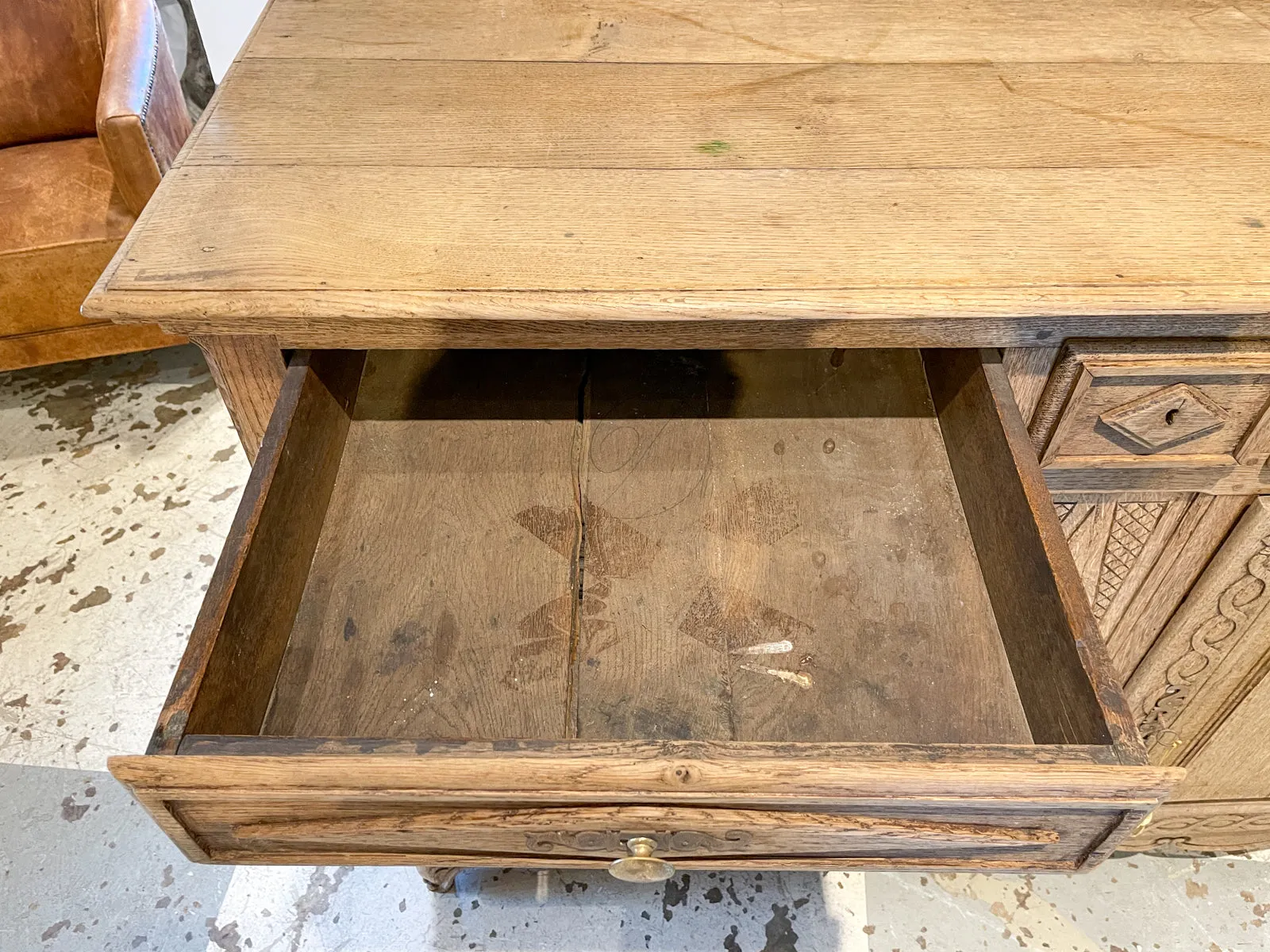 Rustic 18th c French Oak Buffet with Carved Details & Iron Hardware