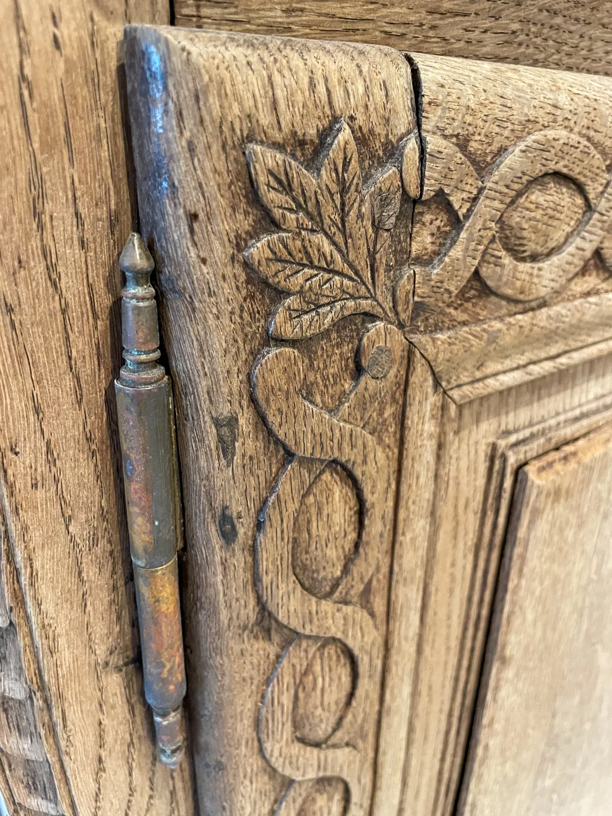 Rustic 18th c French Oak Buffet with Carved Details & Iron Hardware