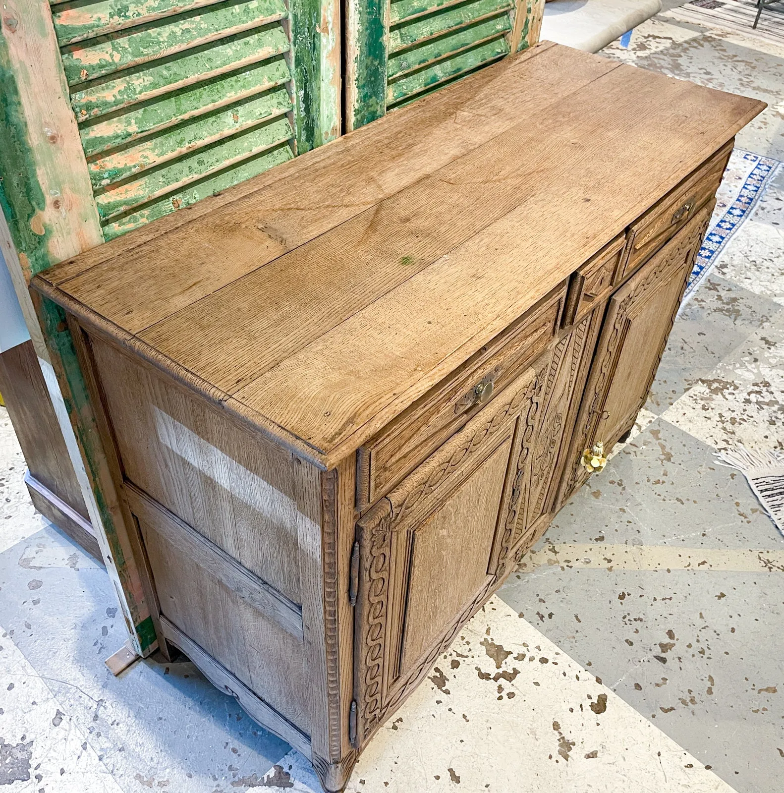 Rustic 18th c French Oak Buffet with Carved Details & Iron Hardware