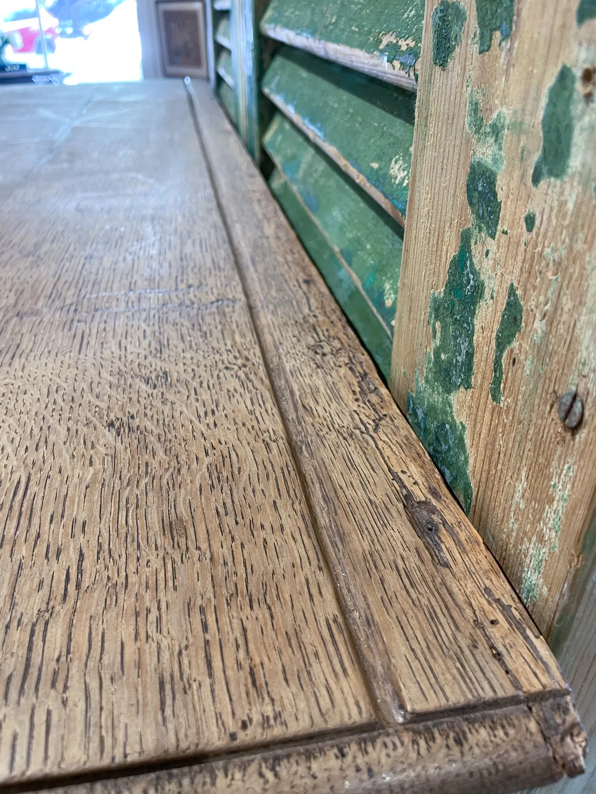 Rustic 18th c French Oak Buffet with Carved Details & Iron Hardware