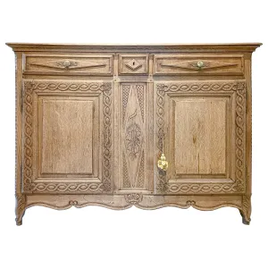 Rustic 18th c French Oak Buffet with Carved Details & Iron Hardware