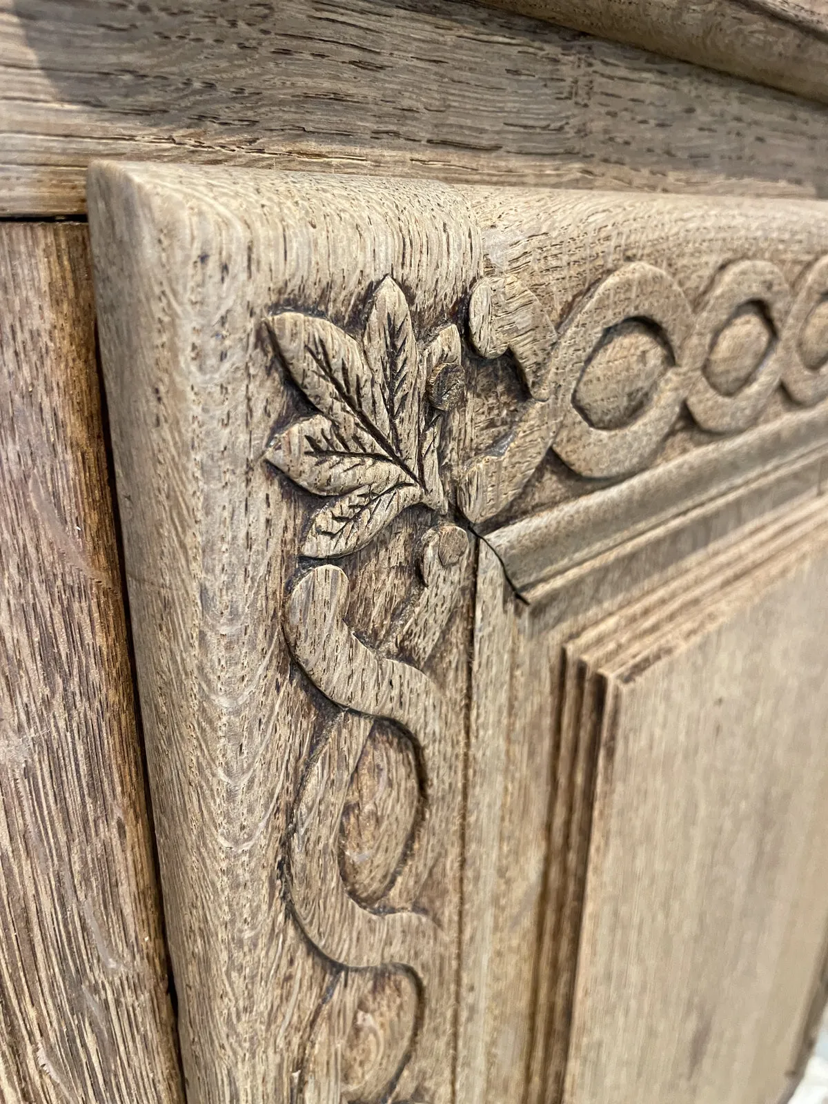 Rustic 18th c French Oak Buffet with Carved Details & Iron Hardware