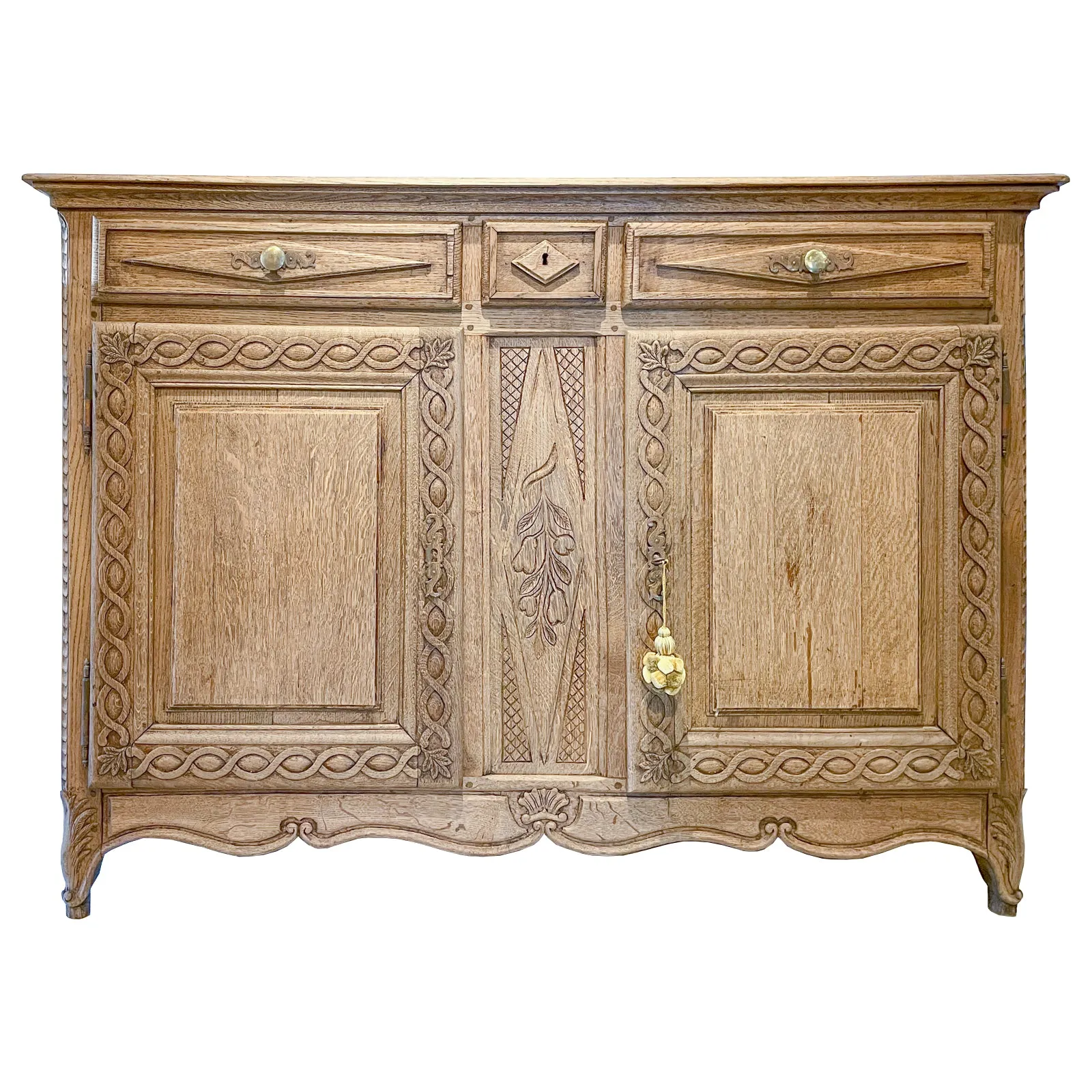Rustic 18th c French Oak Buffet with Carved Details & Iron Hardware