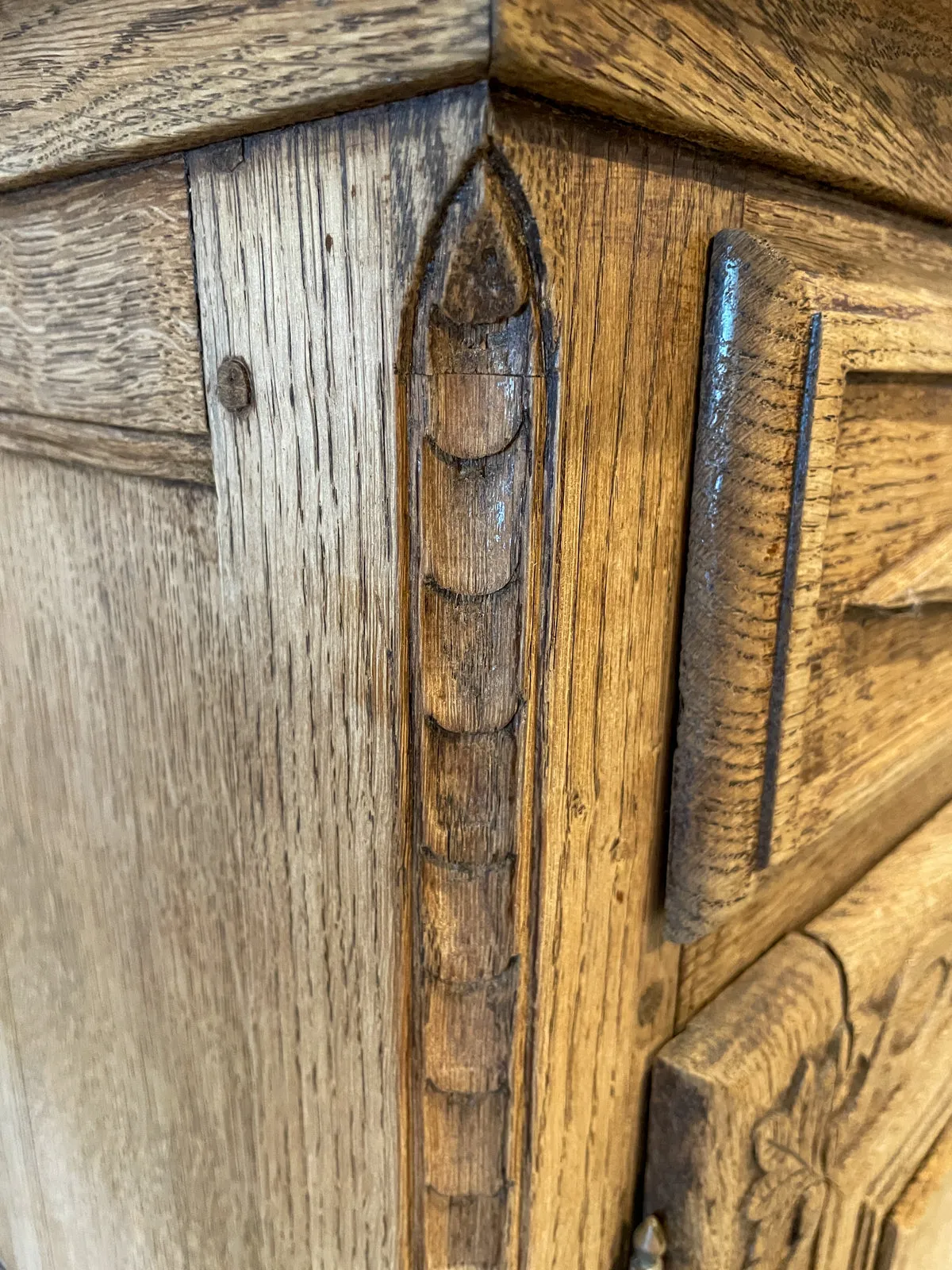 Rustic 18th c French Oak Buffet with Carved Details & Iron Hardware