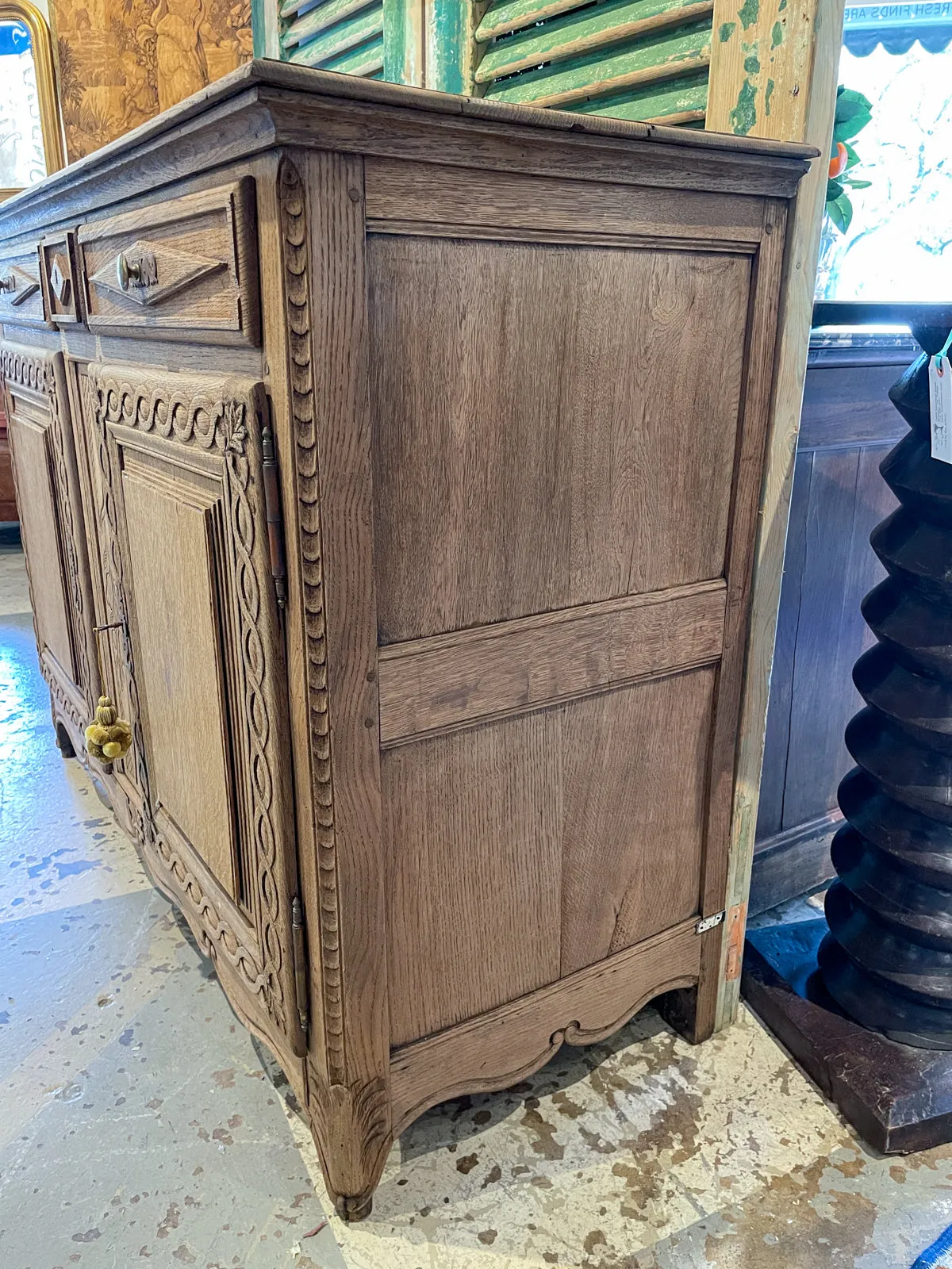 Rustic 18th c French Oak Buffet with Carved Details & Iron Hardware
