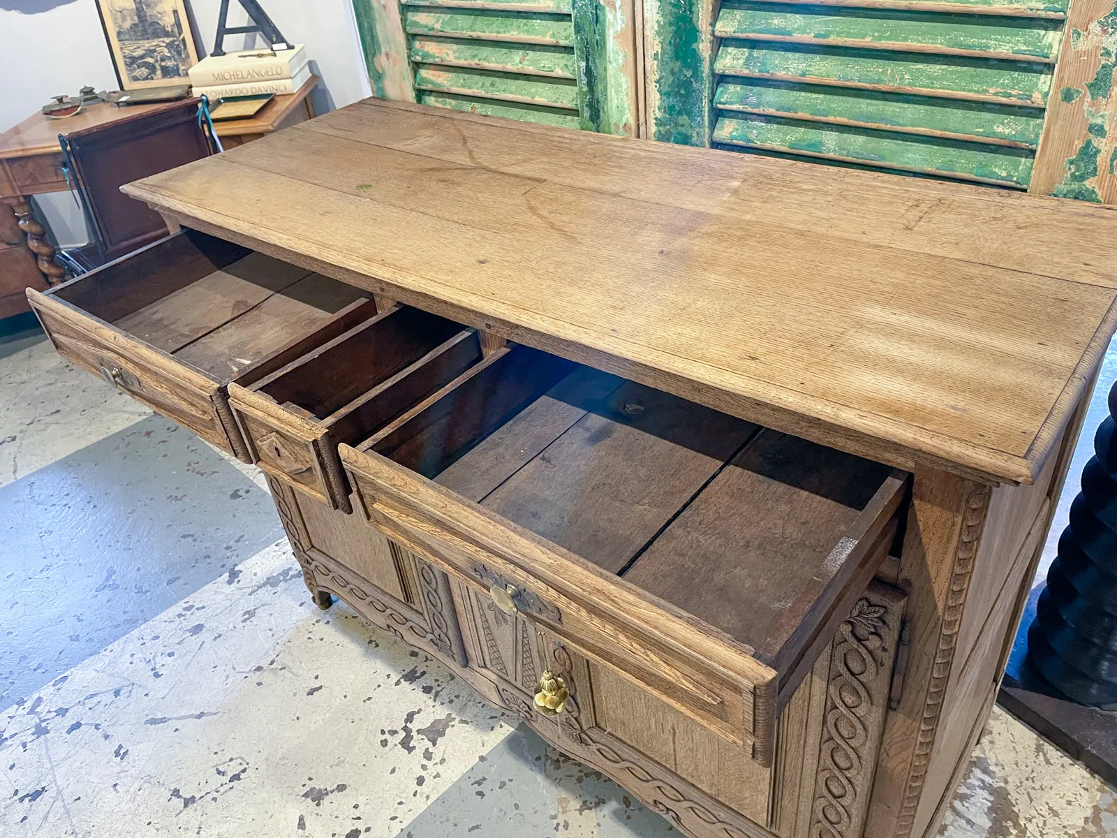 Rustic 18th c French Oak Buffet with Carved Details & Iron Hardware