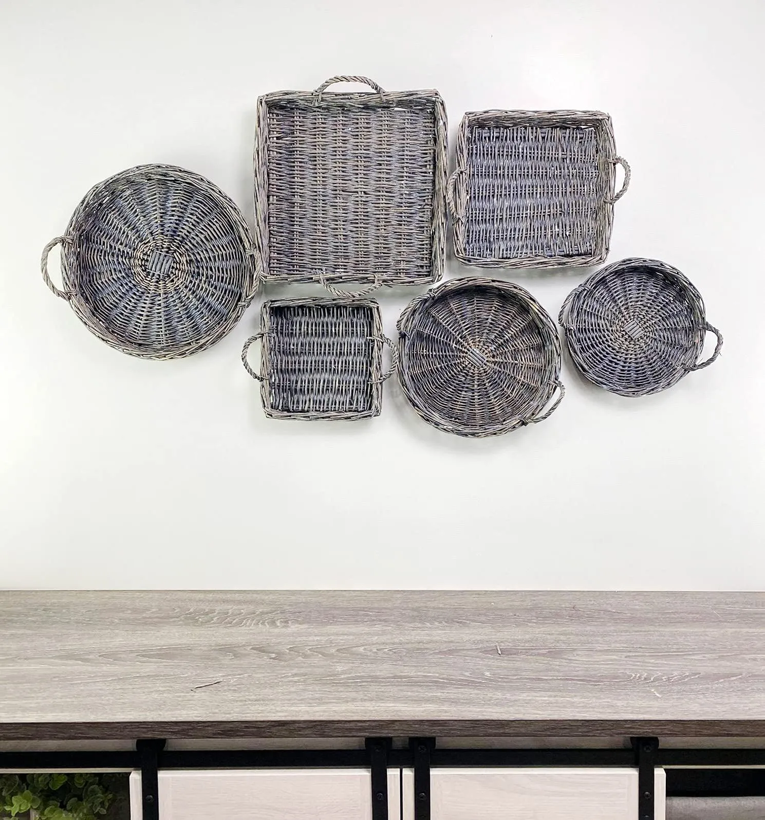 Rustic Willow Basket Trays, Set of 3 (Round, Gray, Case of 4)