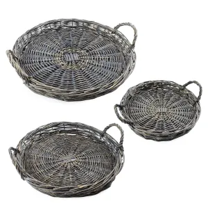 Rustic Willow Basket Trays, Set of 3 (Round, Gray, Case of 4)