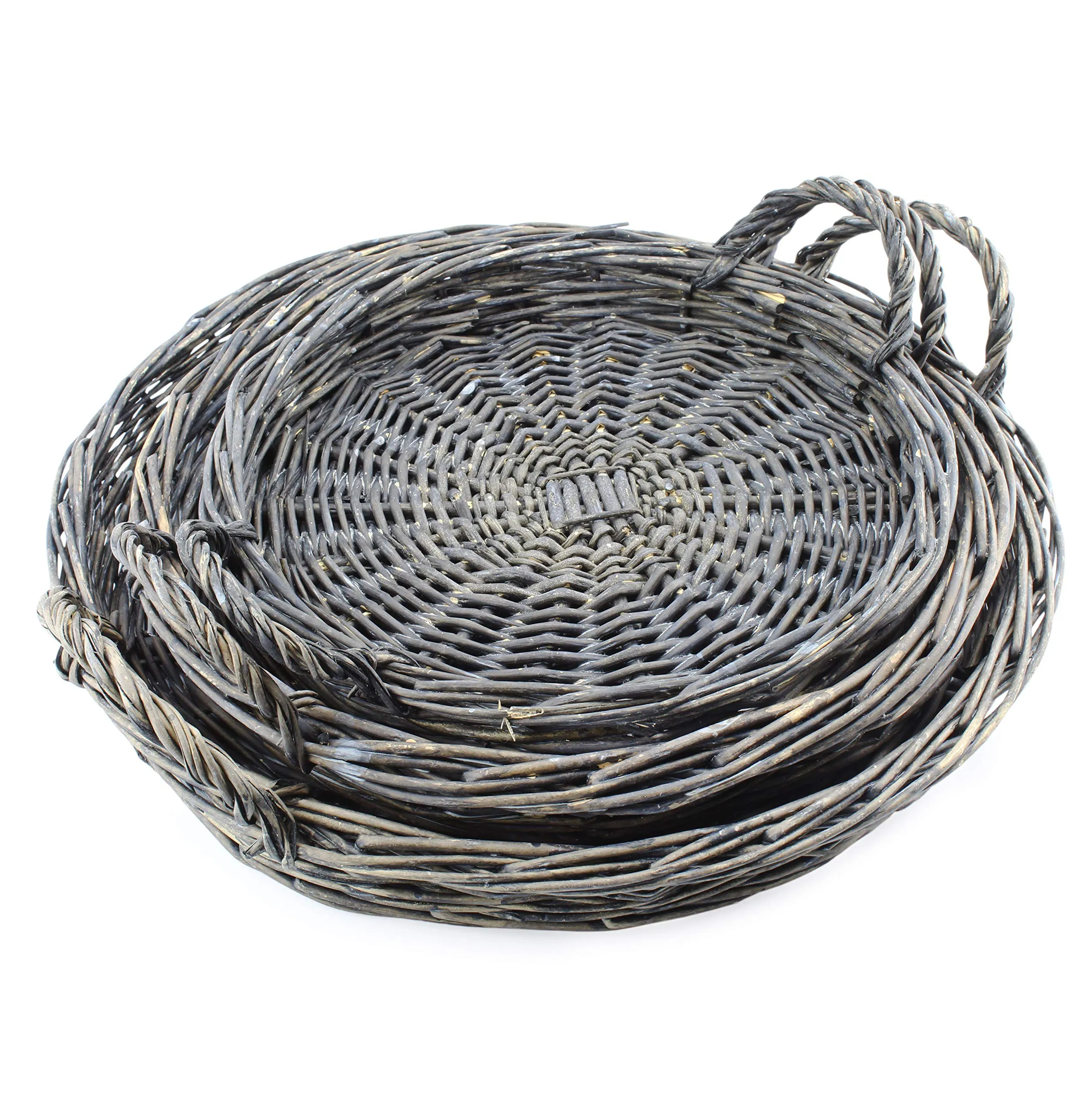 Rustic Willow Basket Trays, Set of 3 (Round, Gray, Case of 4)