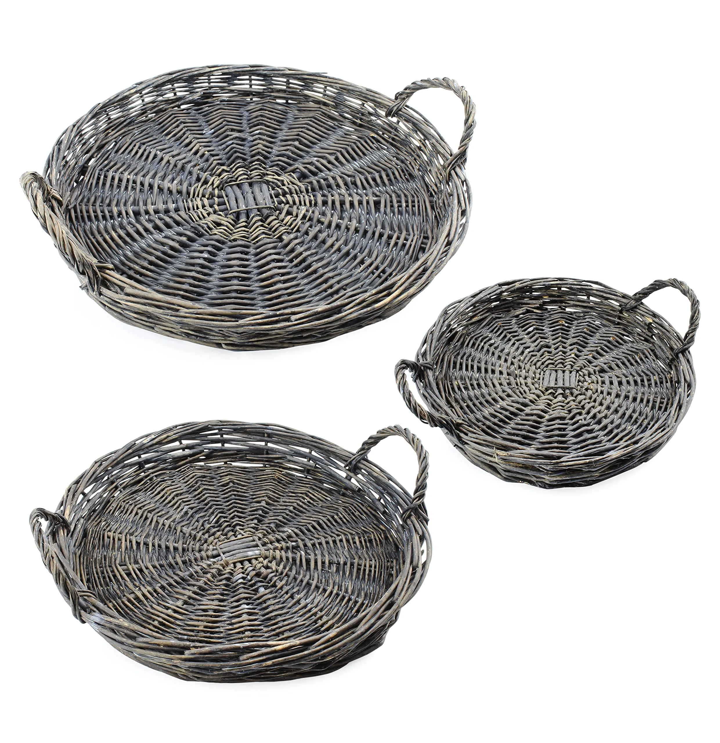 Rustic Willow Basket Trays, Set of 3 (Round, Gray, Case of 4)